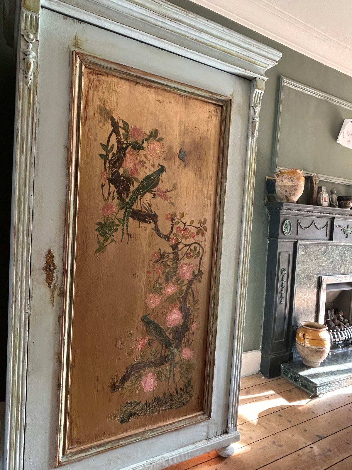 Vintage Painted Pine Armoire with Chinoiserie Panel