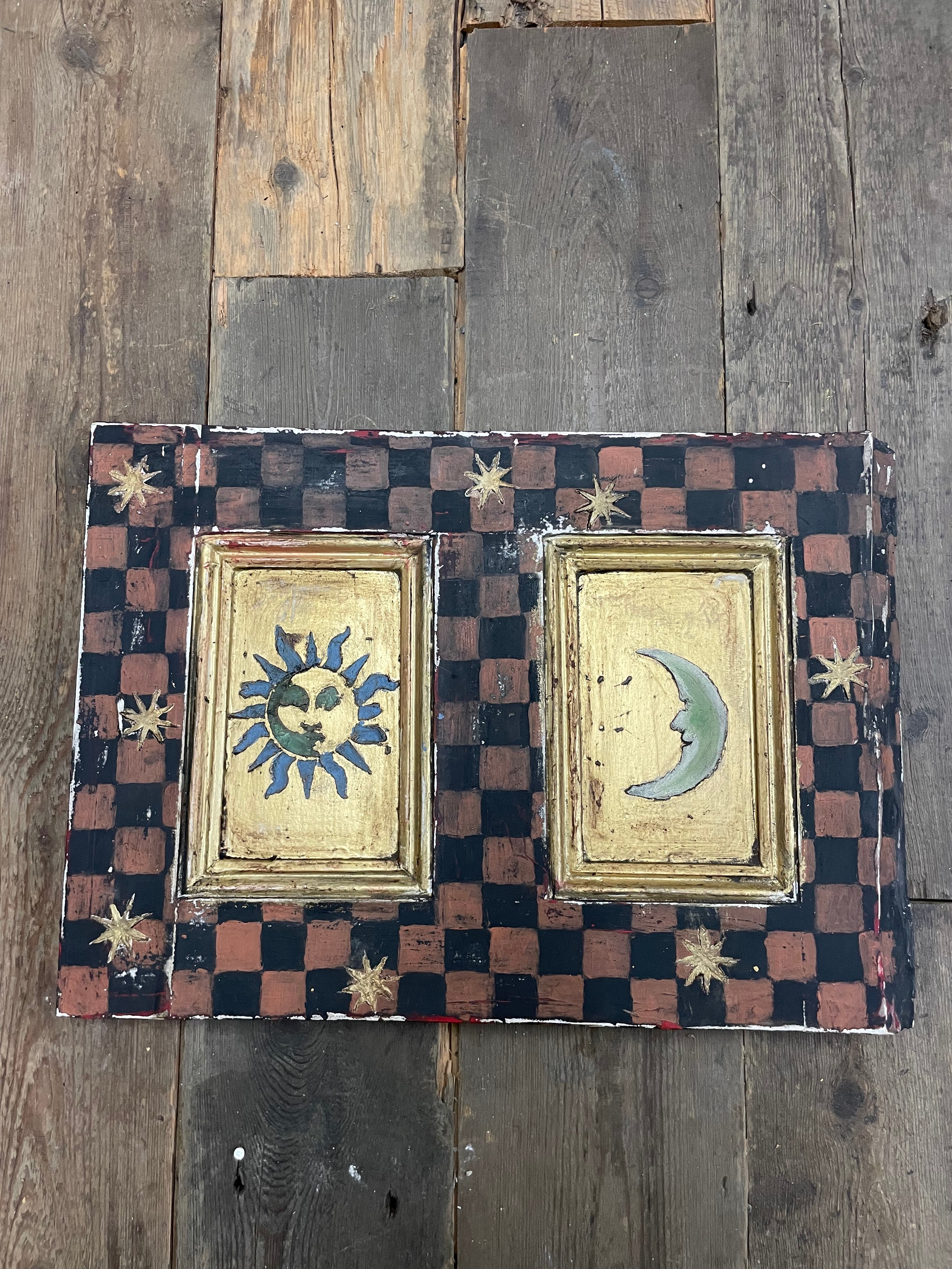 Vintage Reclaimed Pine Door Folk Art Wall Hanging