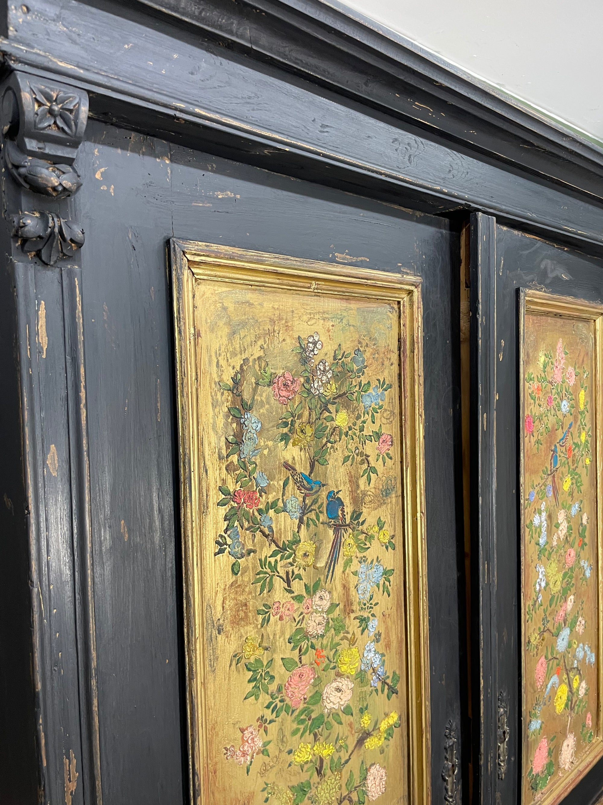 Vintage Painted Pine Wardrobe with Chinoiserie Panels