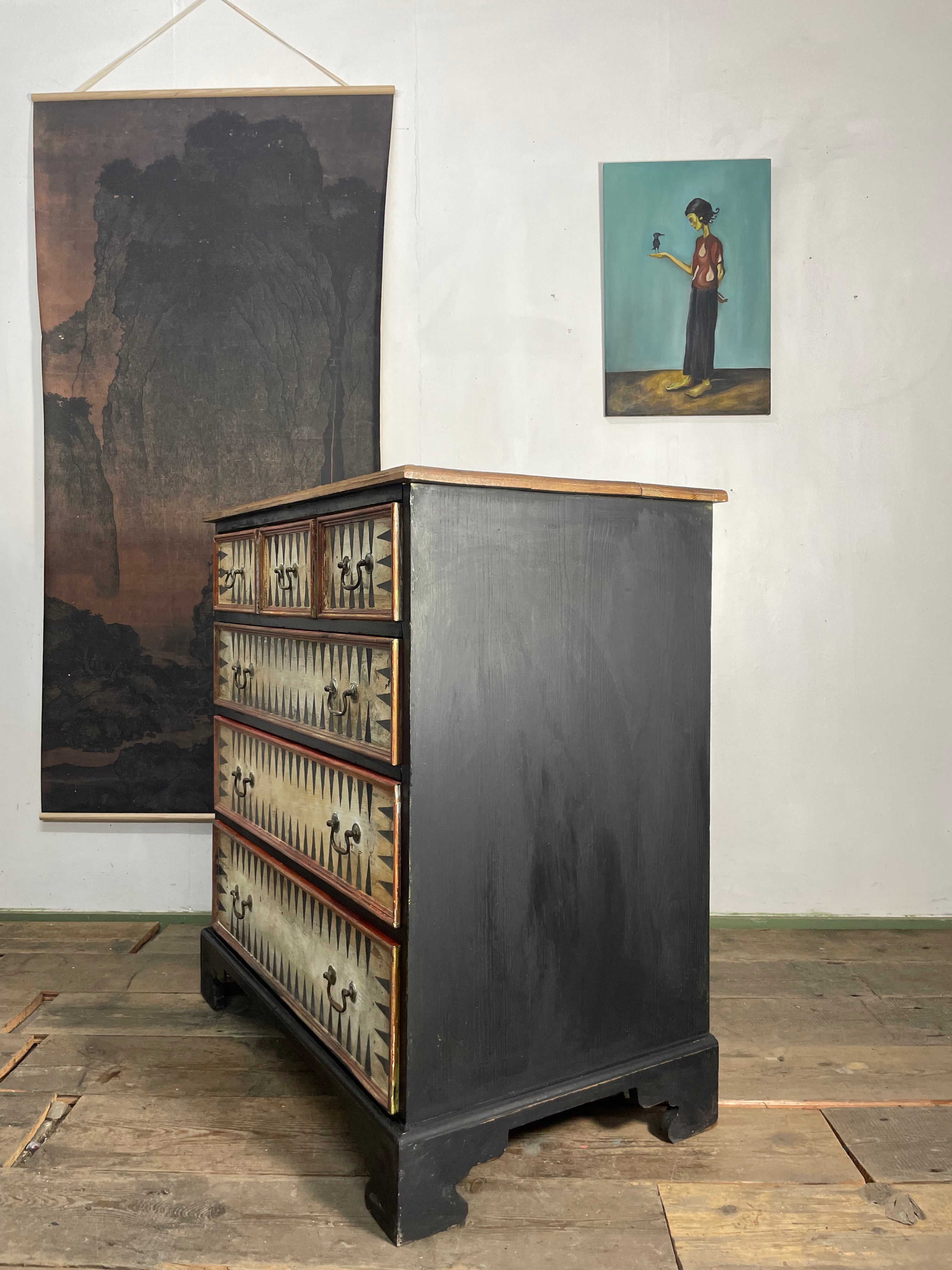 Vintage Painted Pine Folk Art Chest of Drawers