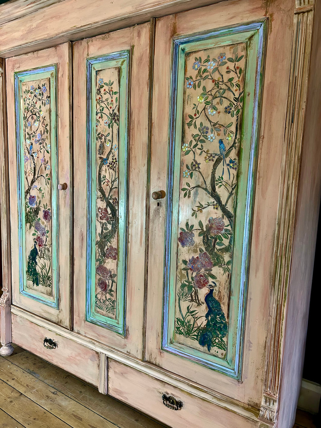 Vintage Painted Pine Large Wardrobe with Chinoiserie Panels