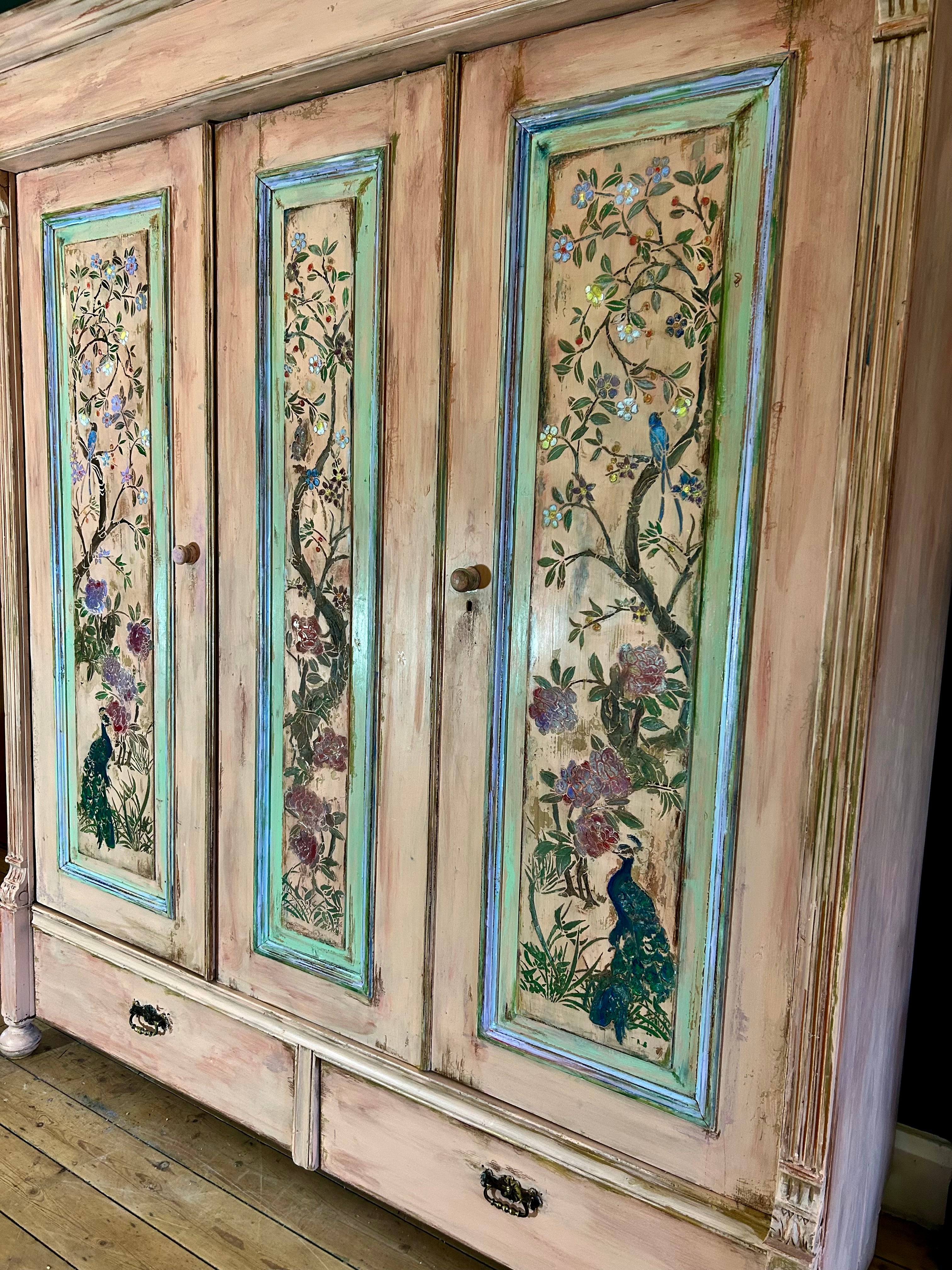 Vintage Painted Pine Large Wardrobe with Chinoiserie Panels