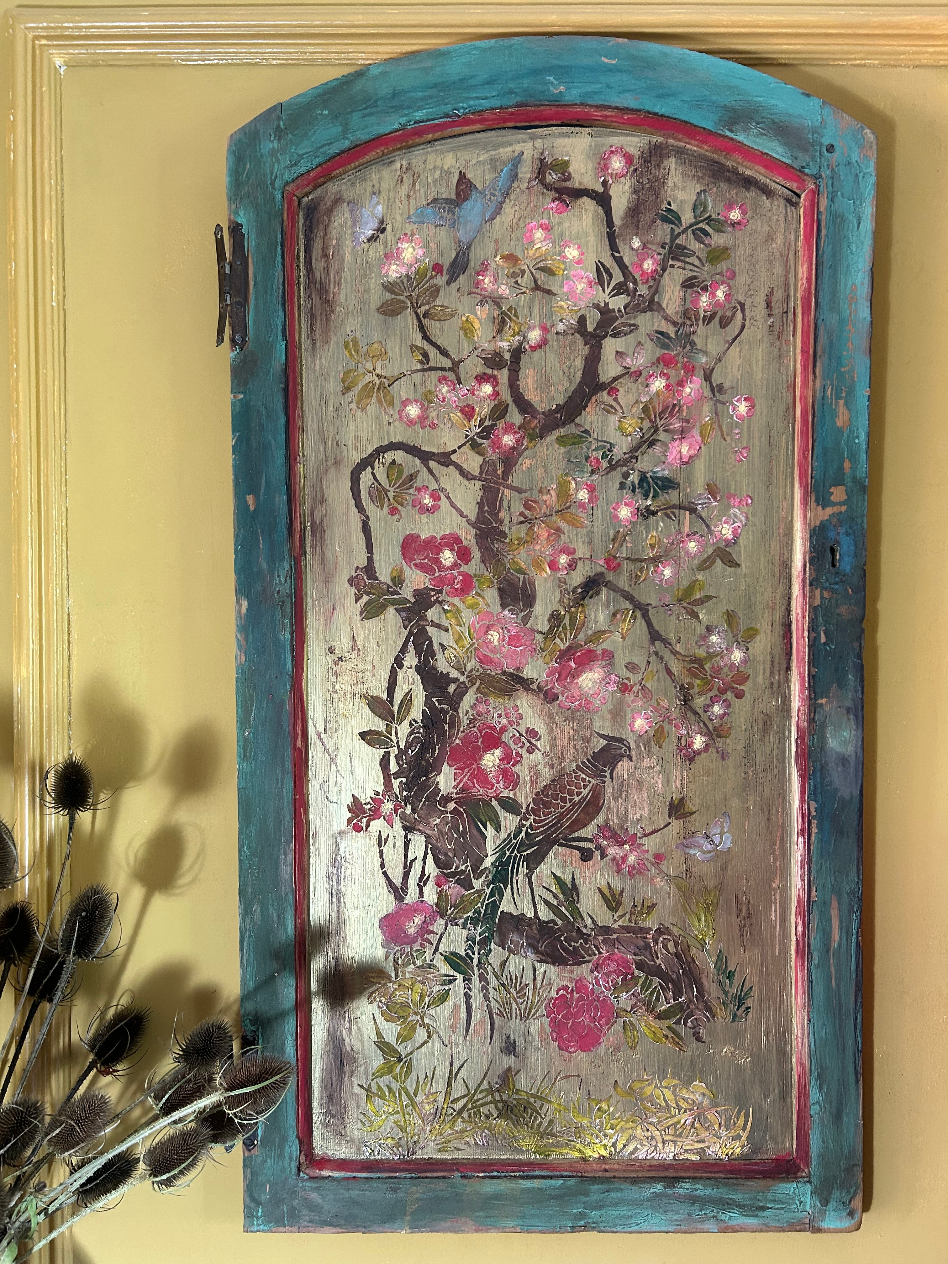 Vintage Reclaimed Door Wall Hanging with Inlaid Chinoiserie