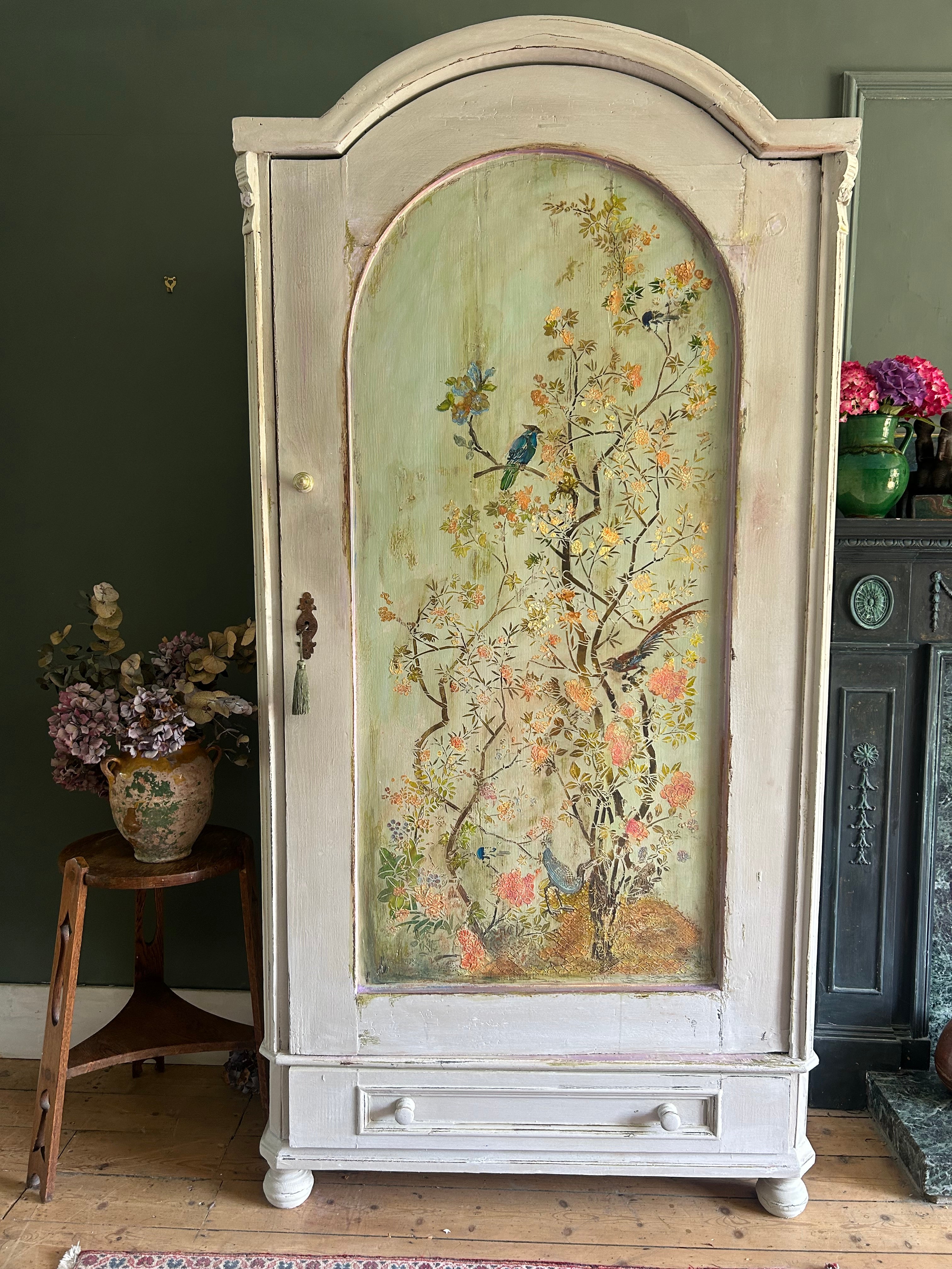 Vintage Painted Linen Press/Armoire with Inlaid Chinoiserie