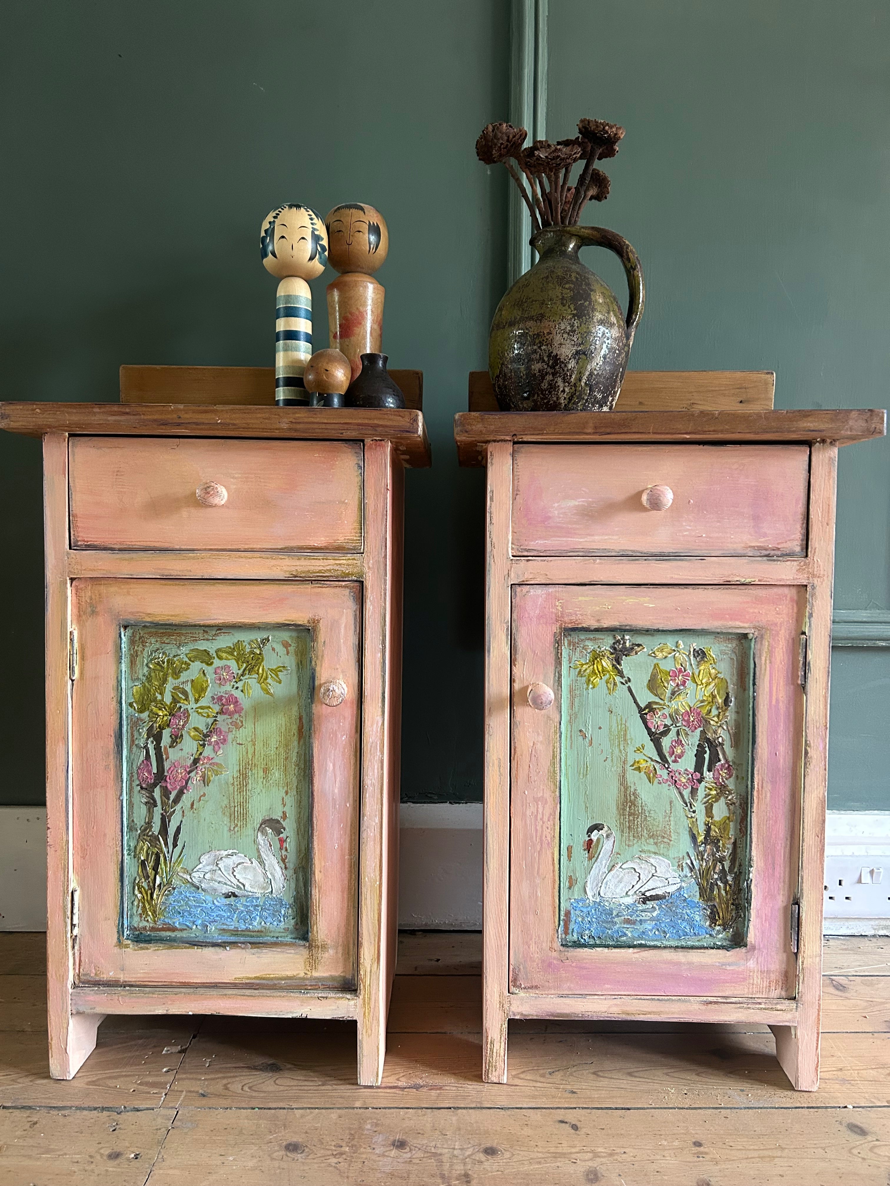 Vintage Painted Pine Bedside Cabinets with Inlaid Chinoiserie
