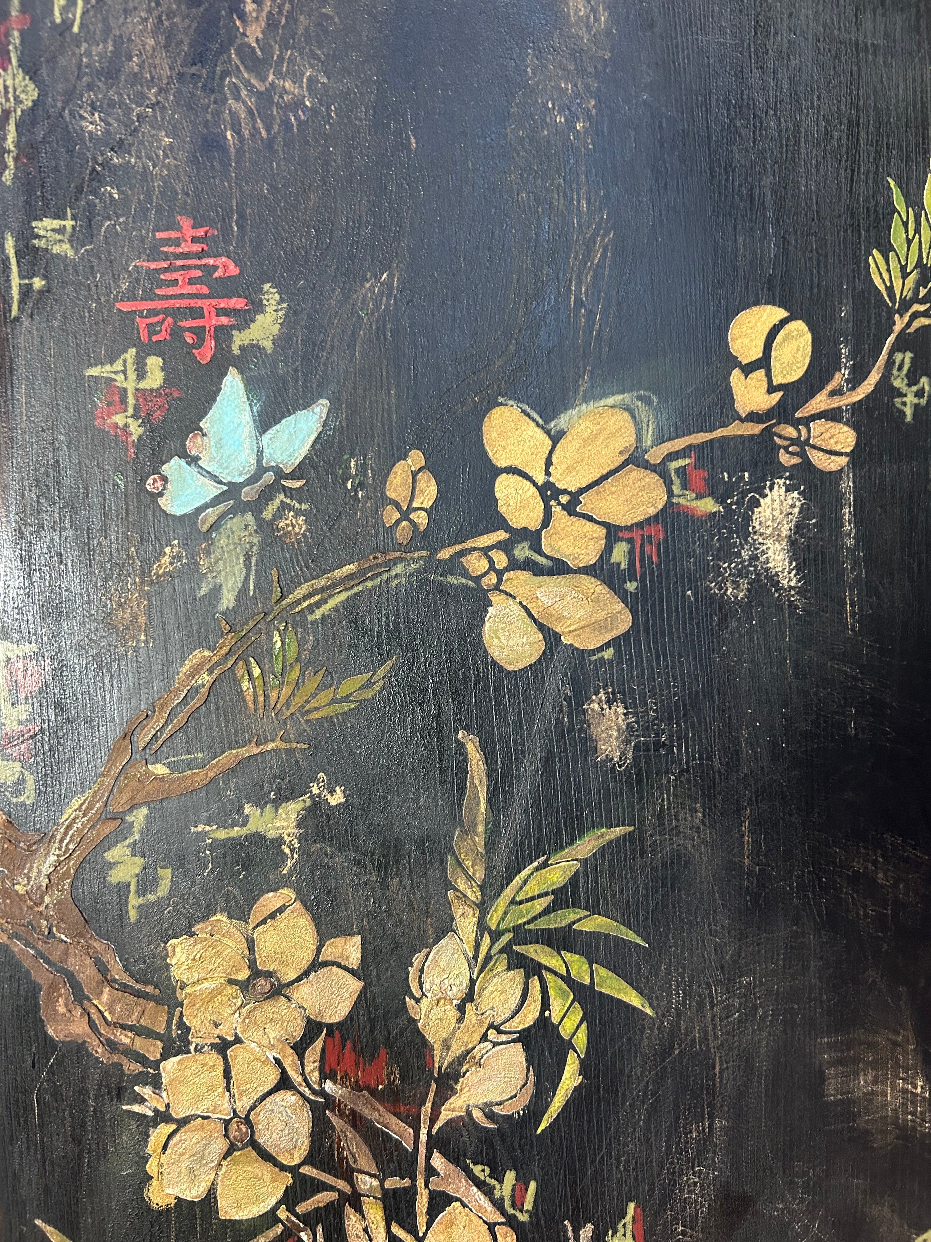 Vintage Painted Pine Linen Press with Inlaid Chinoiserie. RESERVED