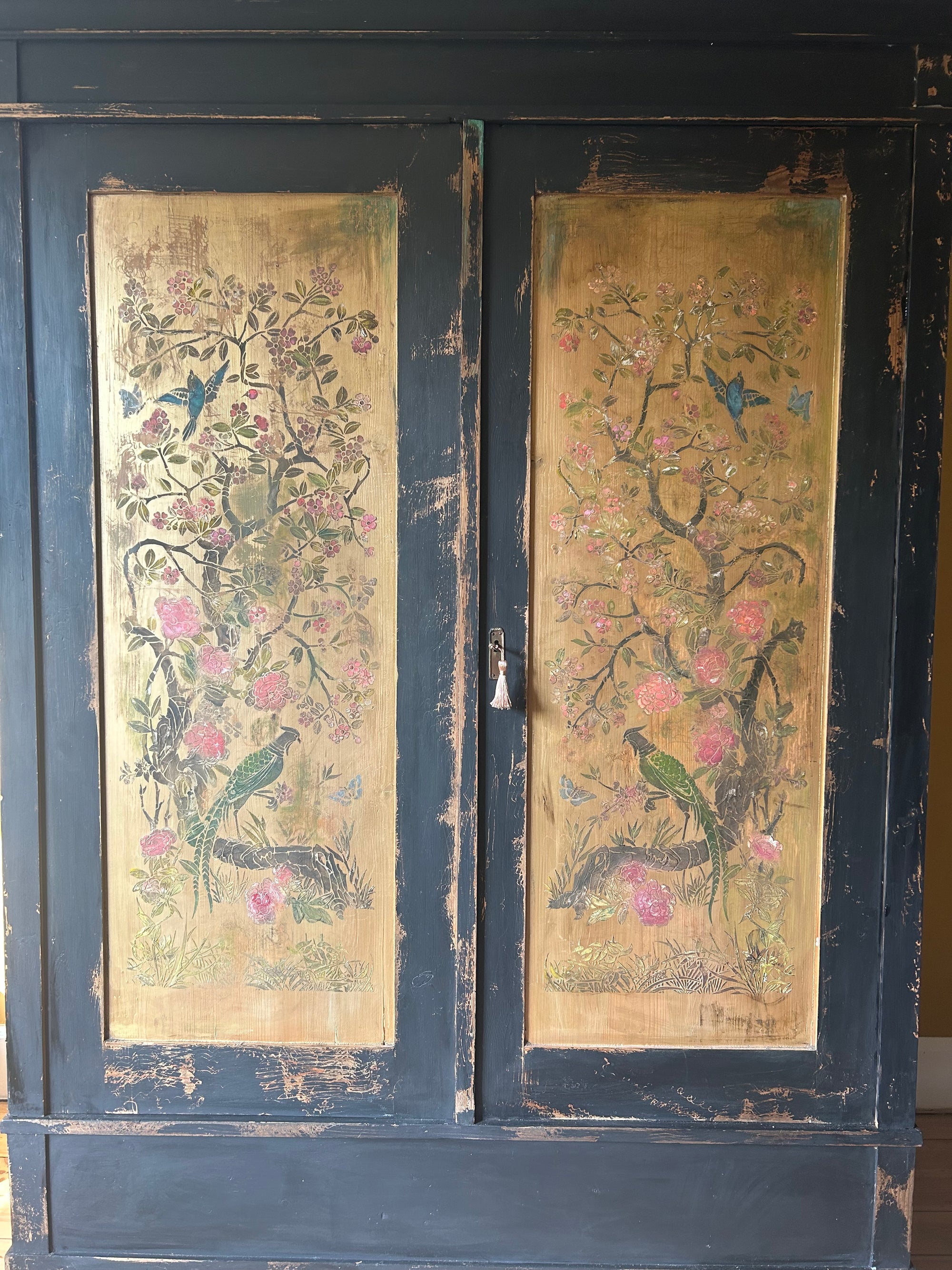 Vintage Painted Pine Double Wardrobe with Inlaid Chinoiserie