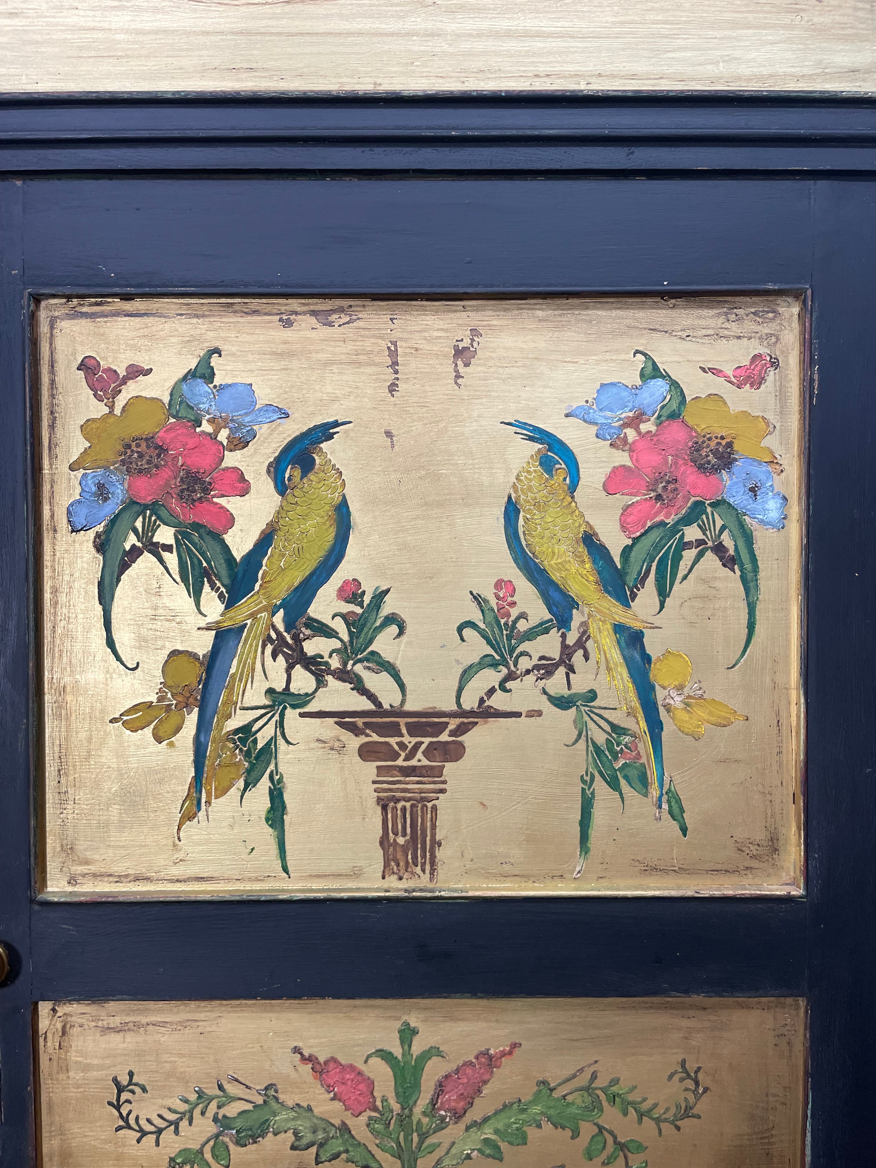 Vintage Painted Pine Wardrobe/ Hall Cupboard with Bird Panels