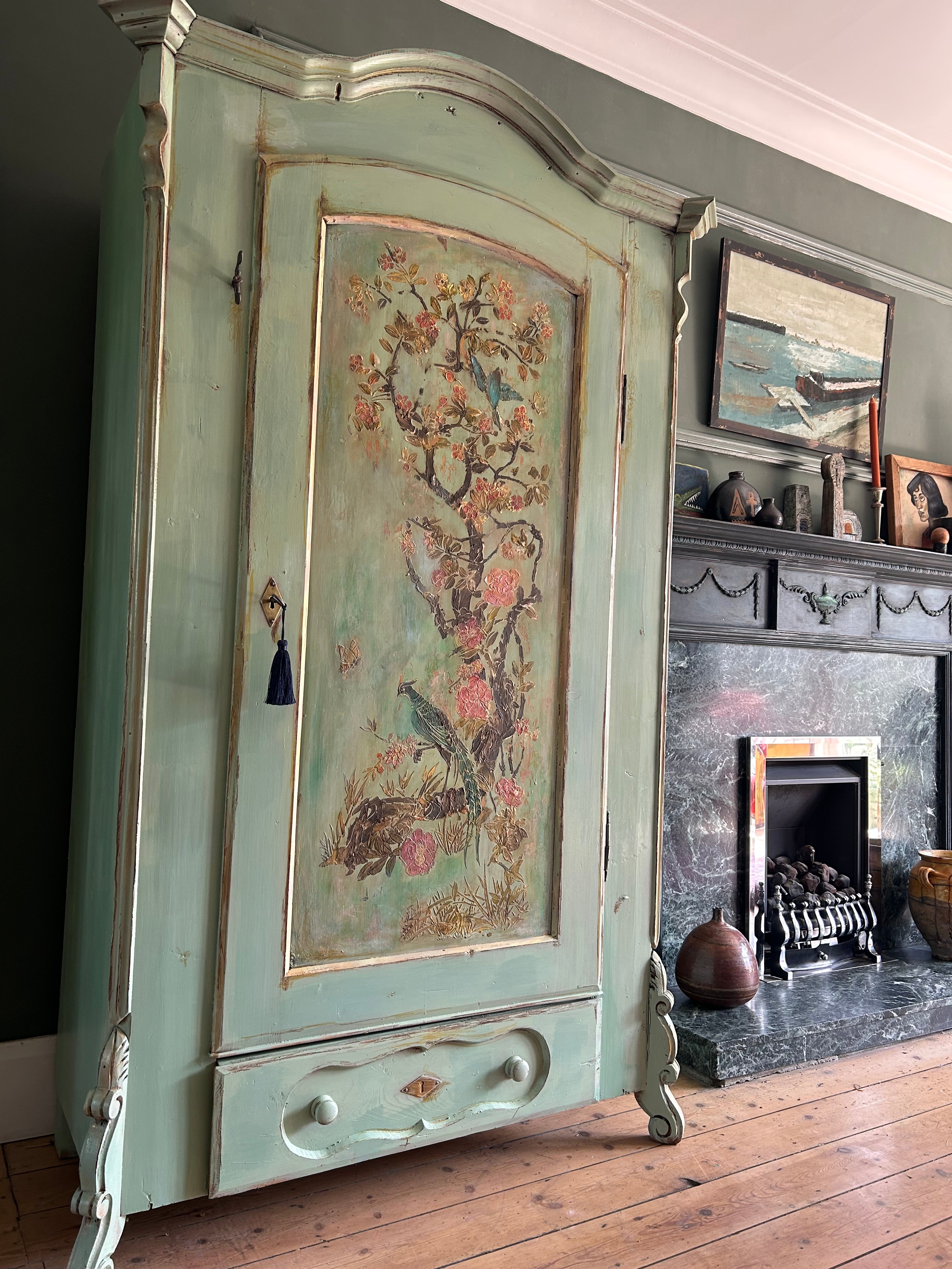 Vintage Painted Pine Armoire with Inlaid Chinoiserie