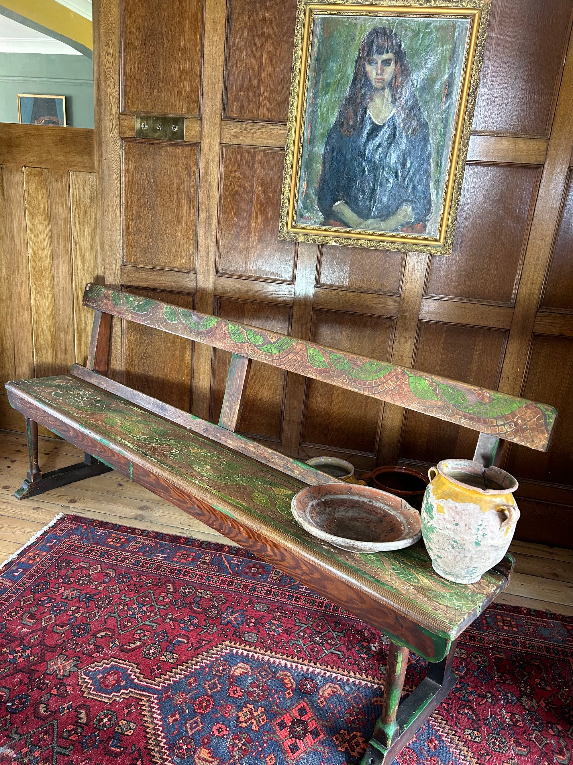 Vintage Painted Oak Bench with Inlaid Design