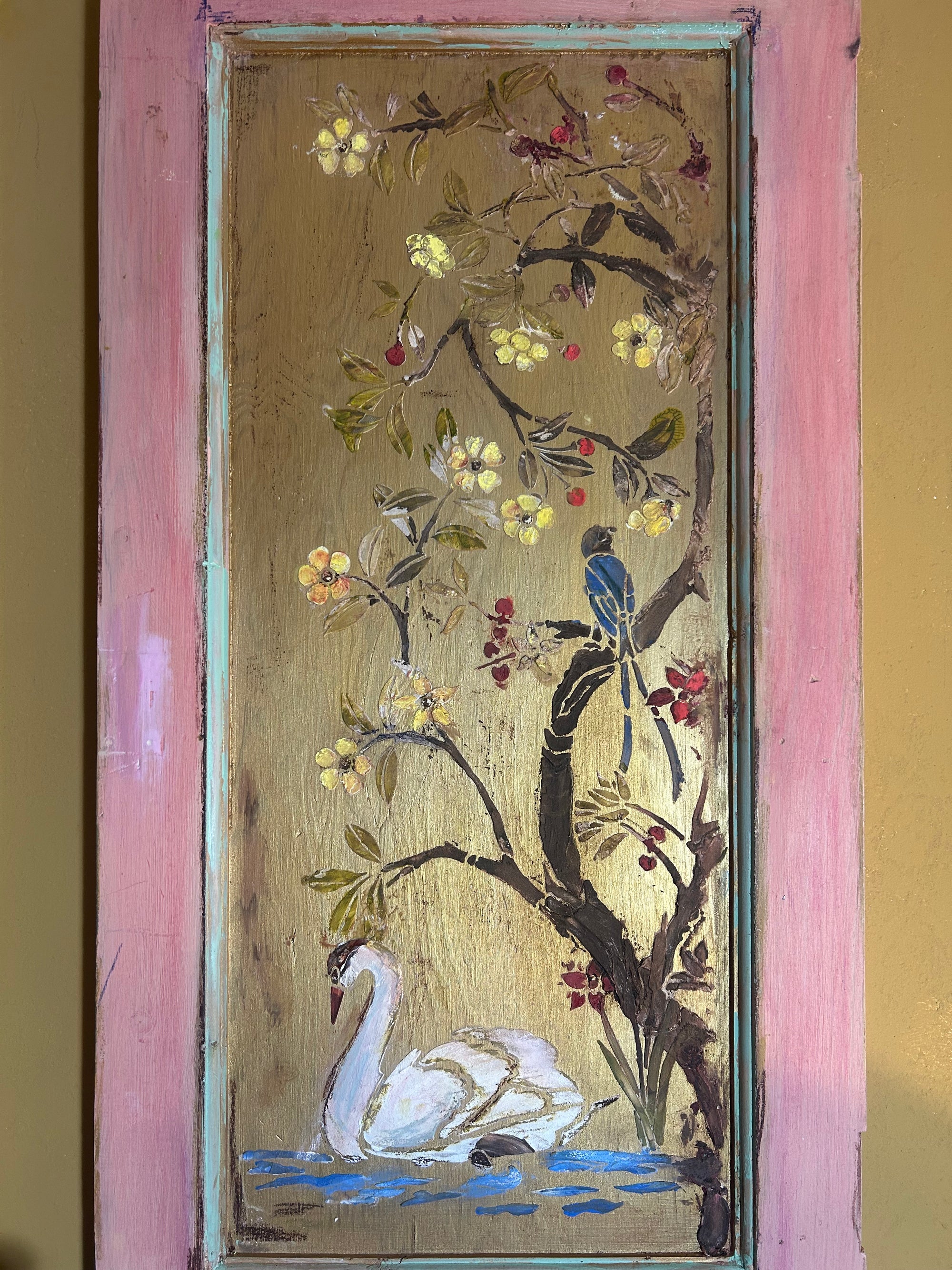 Reclaimed Door Wallhanging with Swan and Bird Chinoiserie