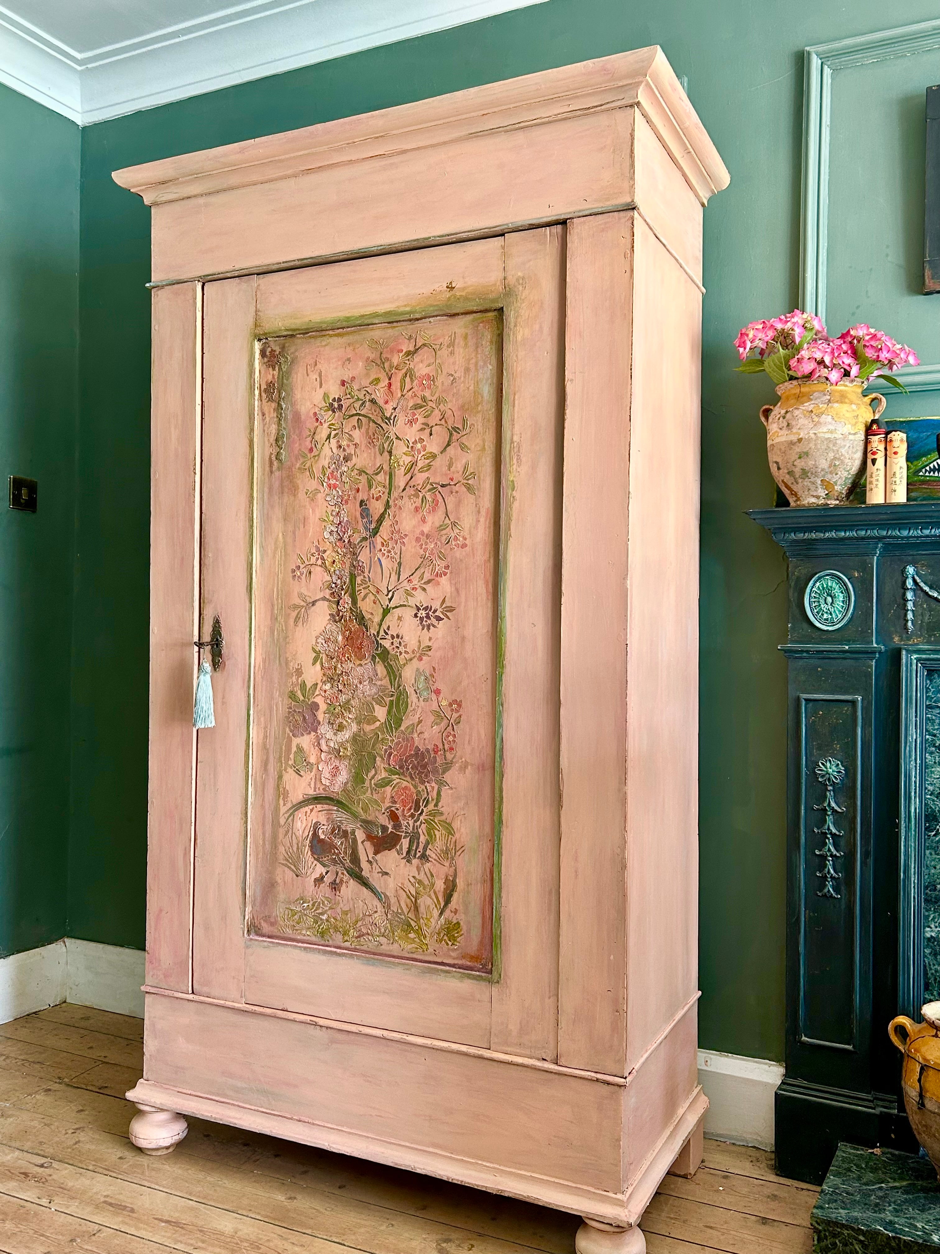 Vintage Painted Cupboard/Armoire with Chinoiserie Panel