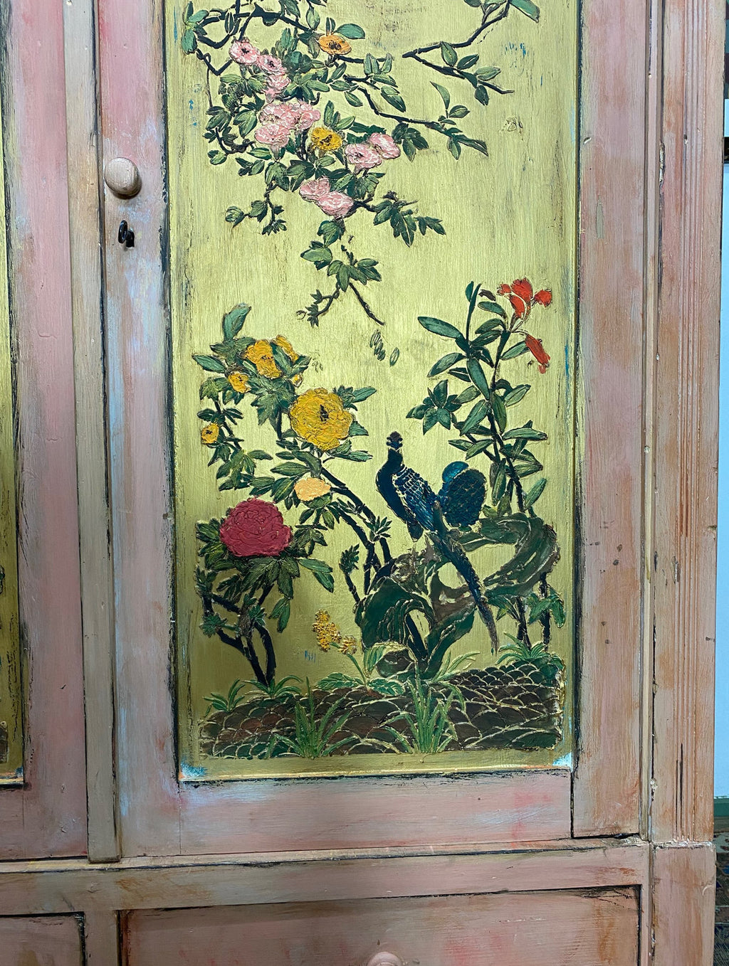 Vintage Pine Knockdown Painted Wardrobe with Chinoiserie Panels