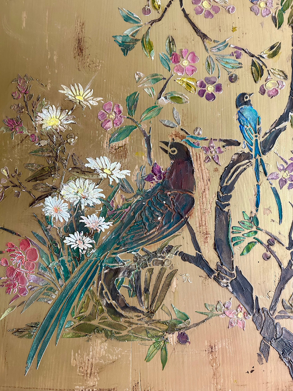 Vintage Painted Pine Cupboard with Inlaid Chinoiserie