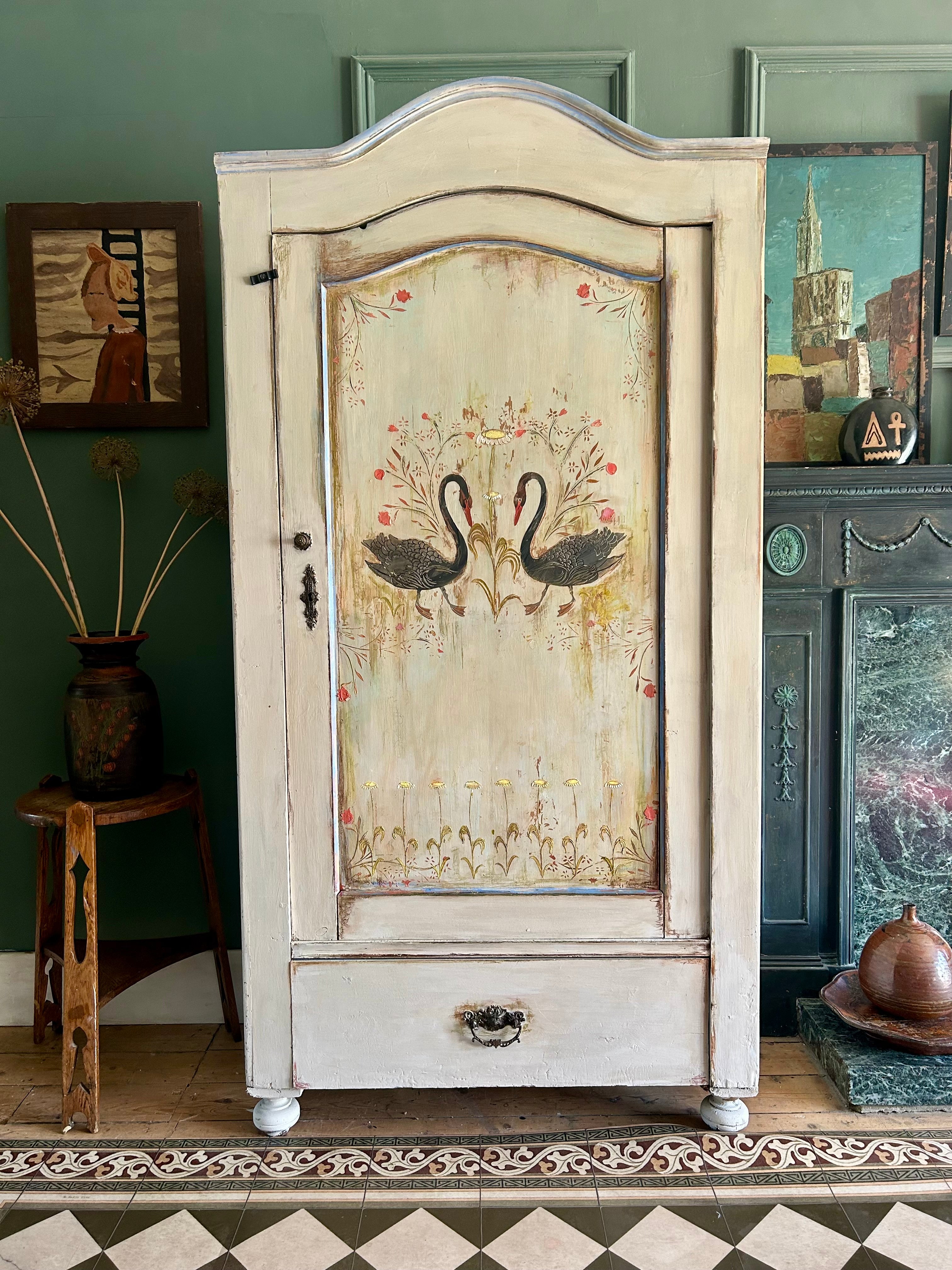 Vintage Painted Pine Folk Art Wardrobe