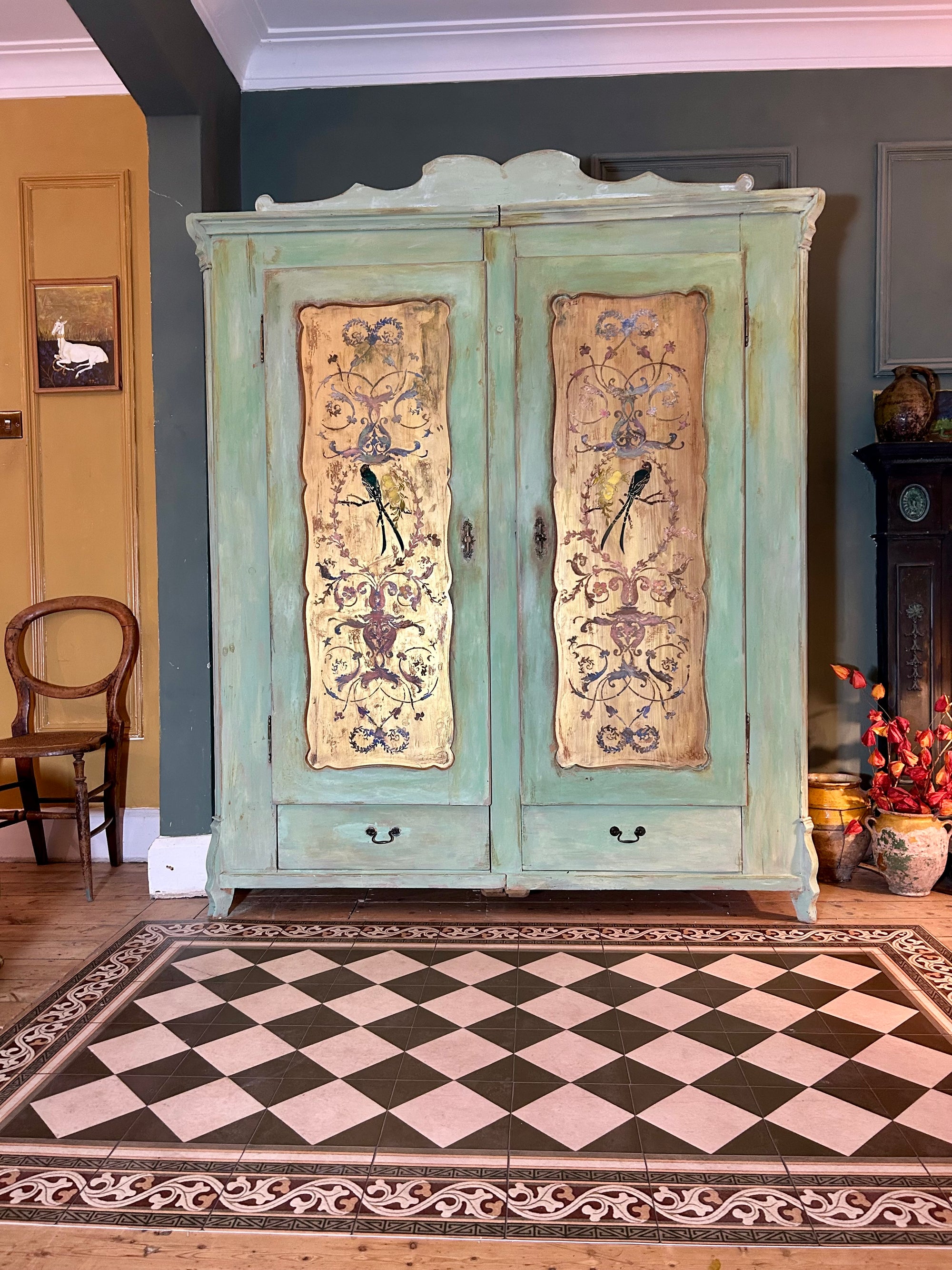 Vintage Painted Pine Wardrobe with Chinoiserie Panels