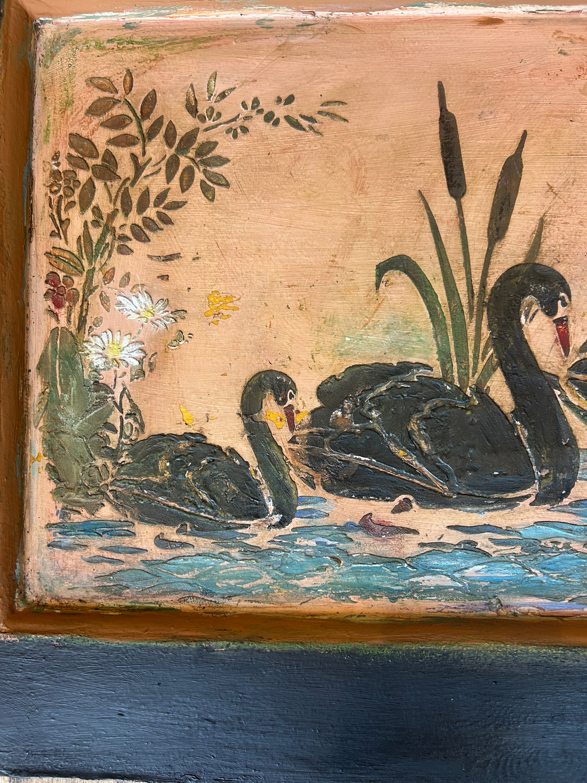 Reclaimed Door Wallhanging with Black Swan Chinoiserie