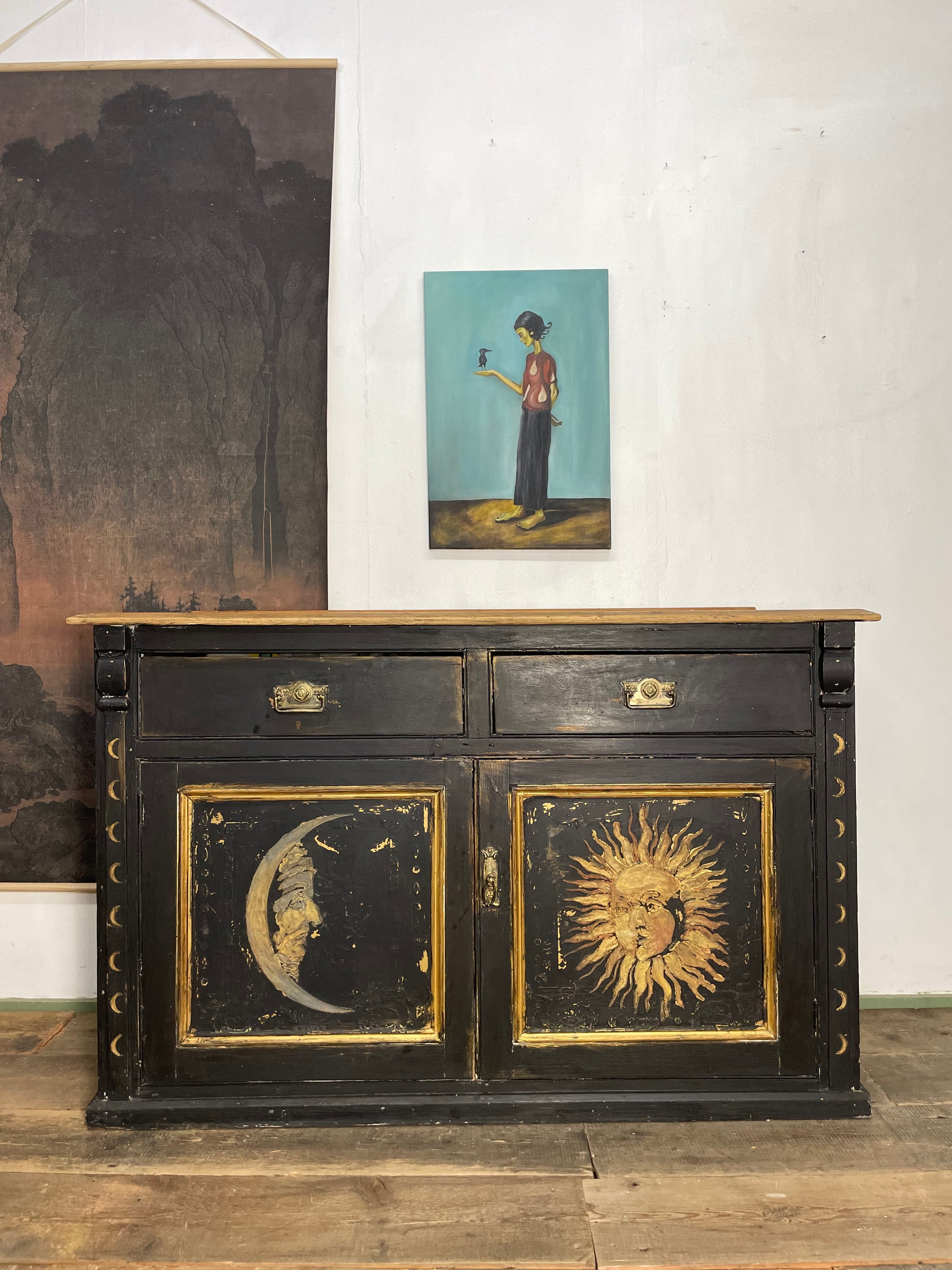 Vintage Painted Pine Sun & Moon Cupboard