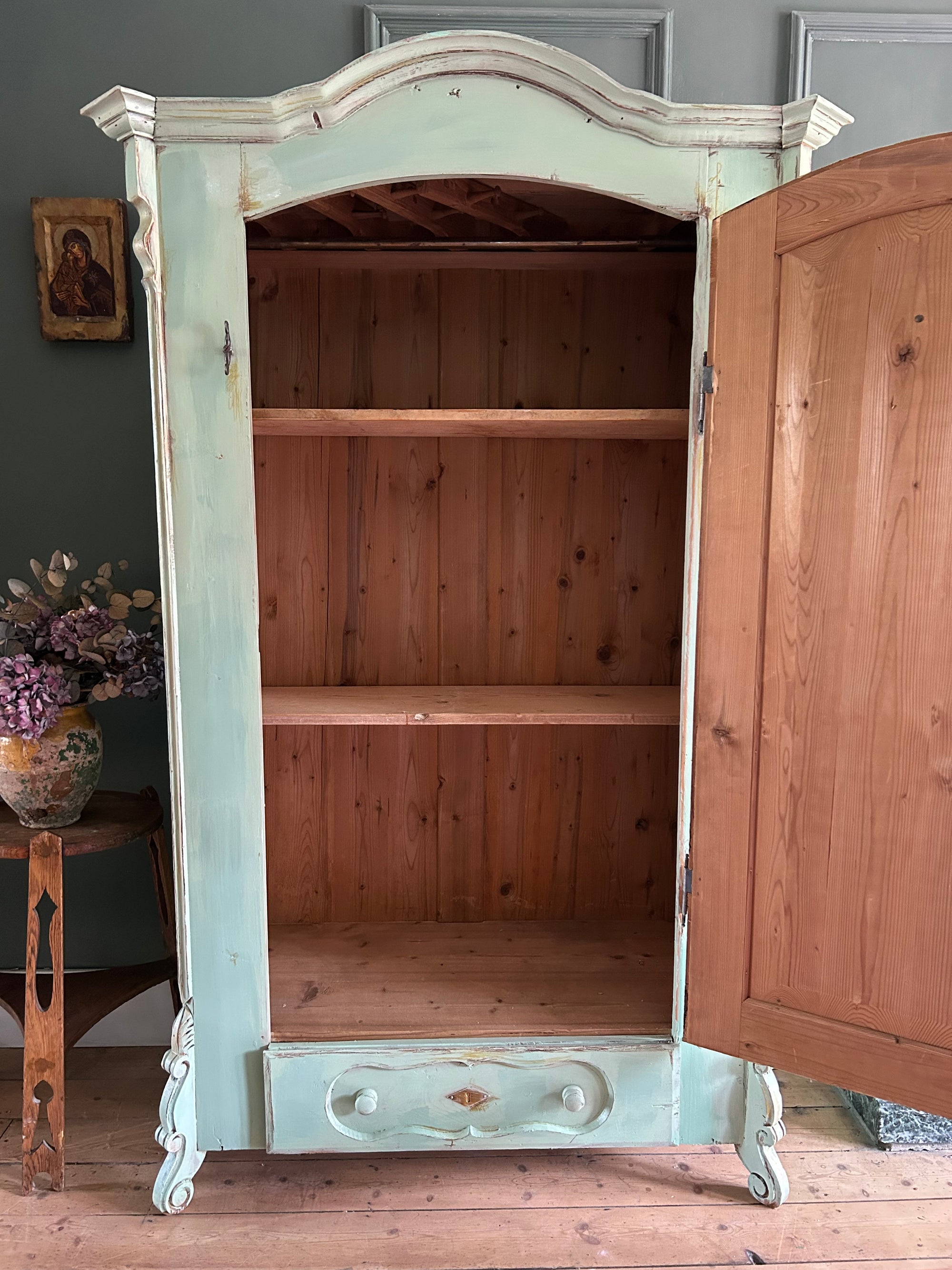 Vintage Painted Pine Armoire with Inlaid Chinoiserie