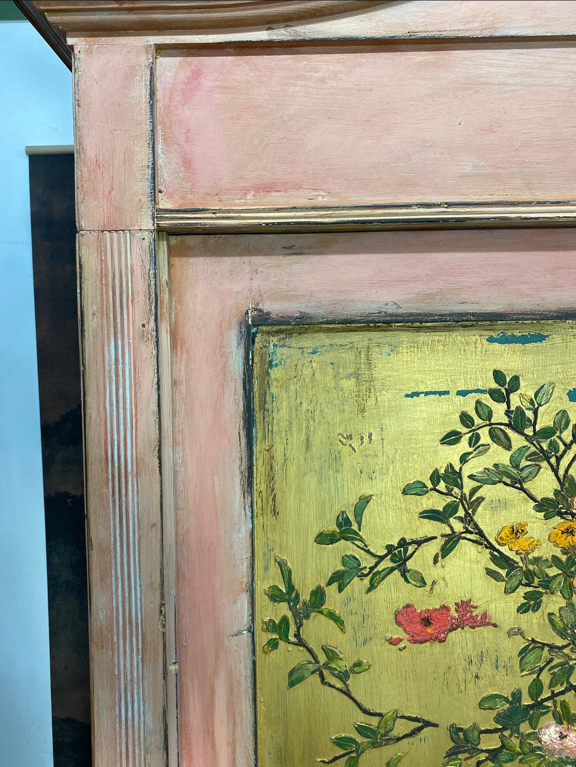 Vintage Pine Knockdown Painted Wardrobe with Chinoiserie Panels