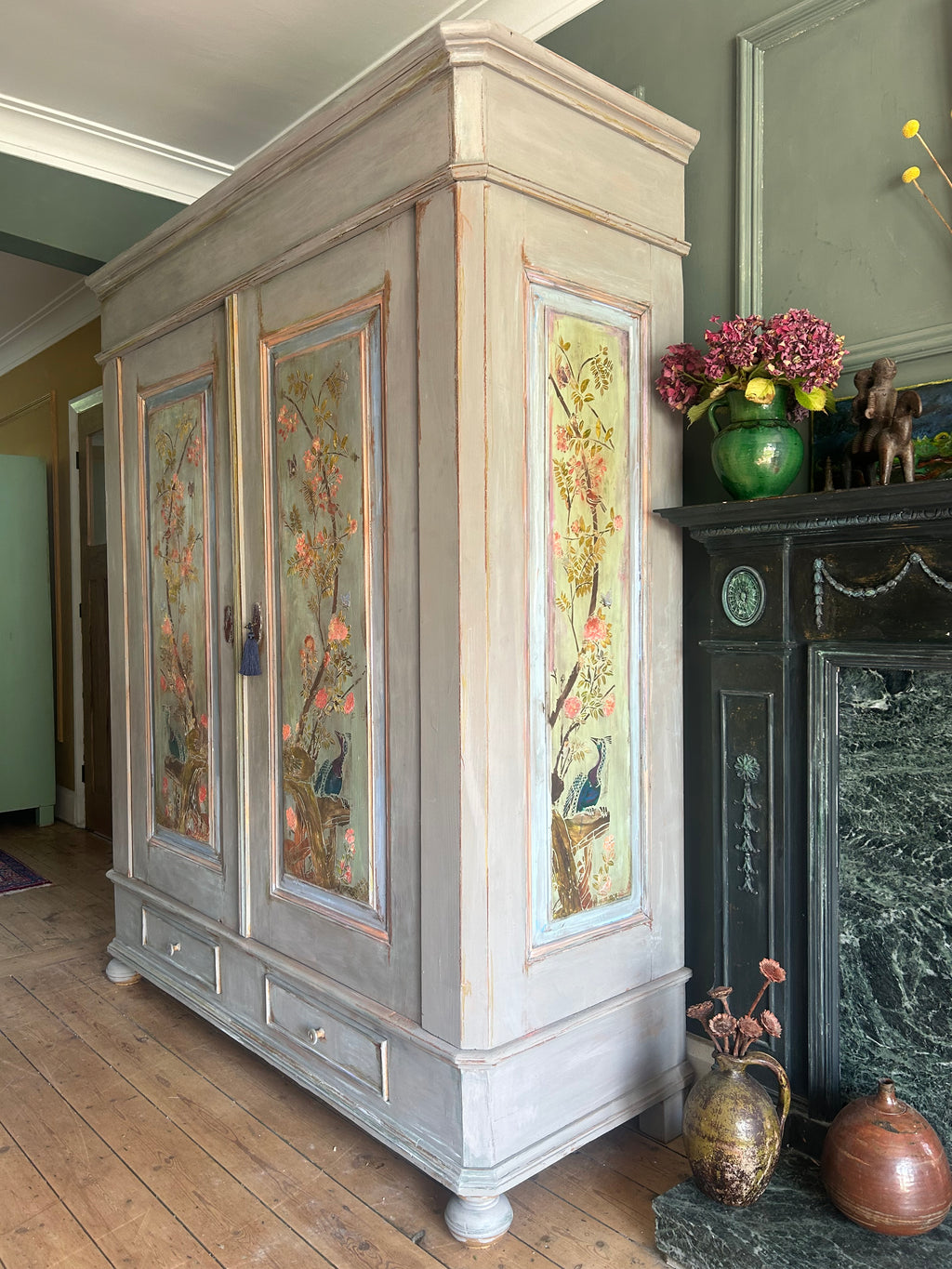 Vintage Painted Double wardrobe with Inlaid Chinoiserie
