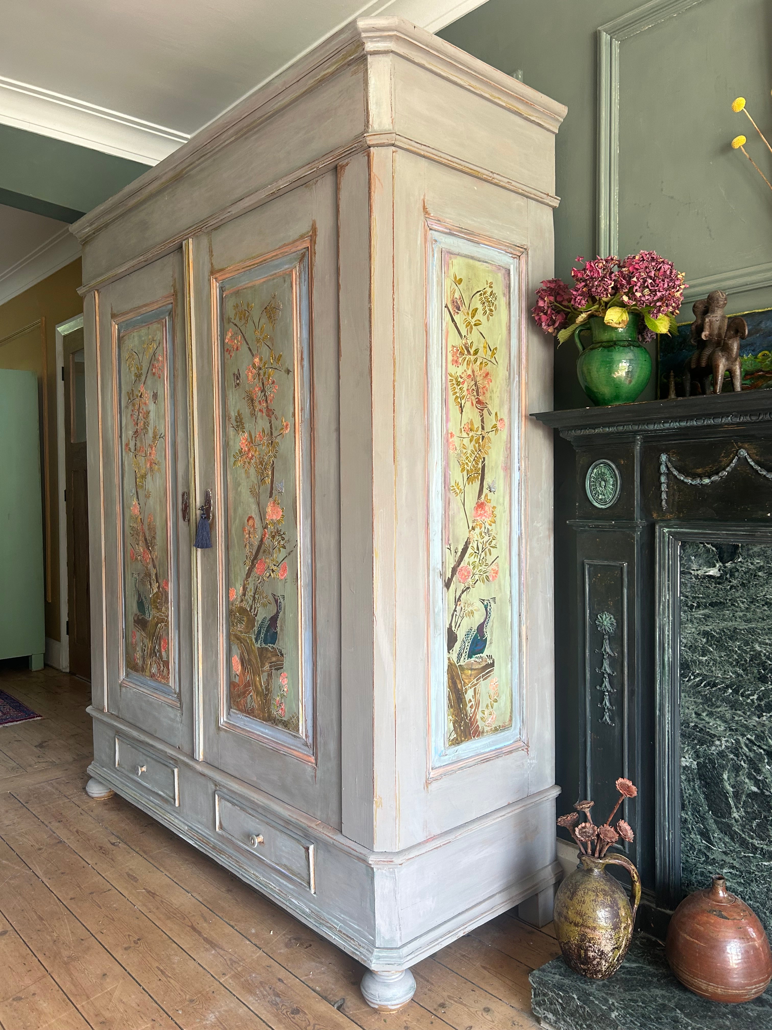 Vintage Painted Double wardrobe with Inlaid Chinoiserie