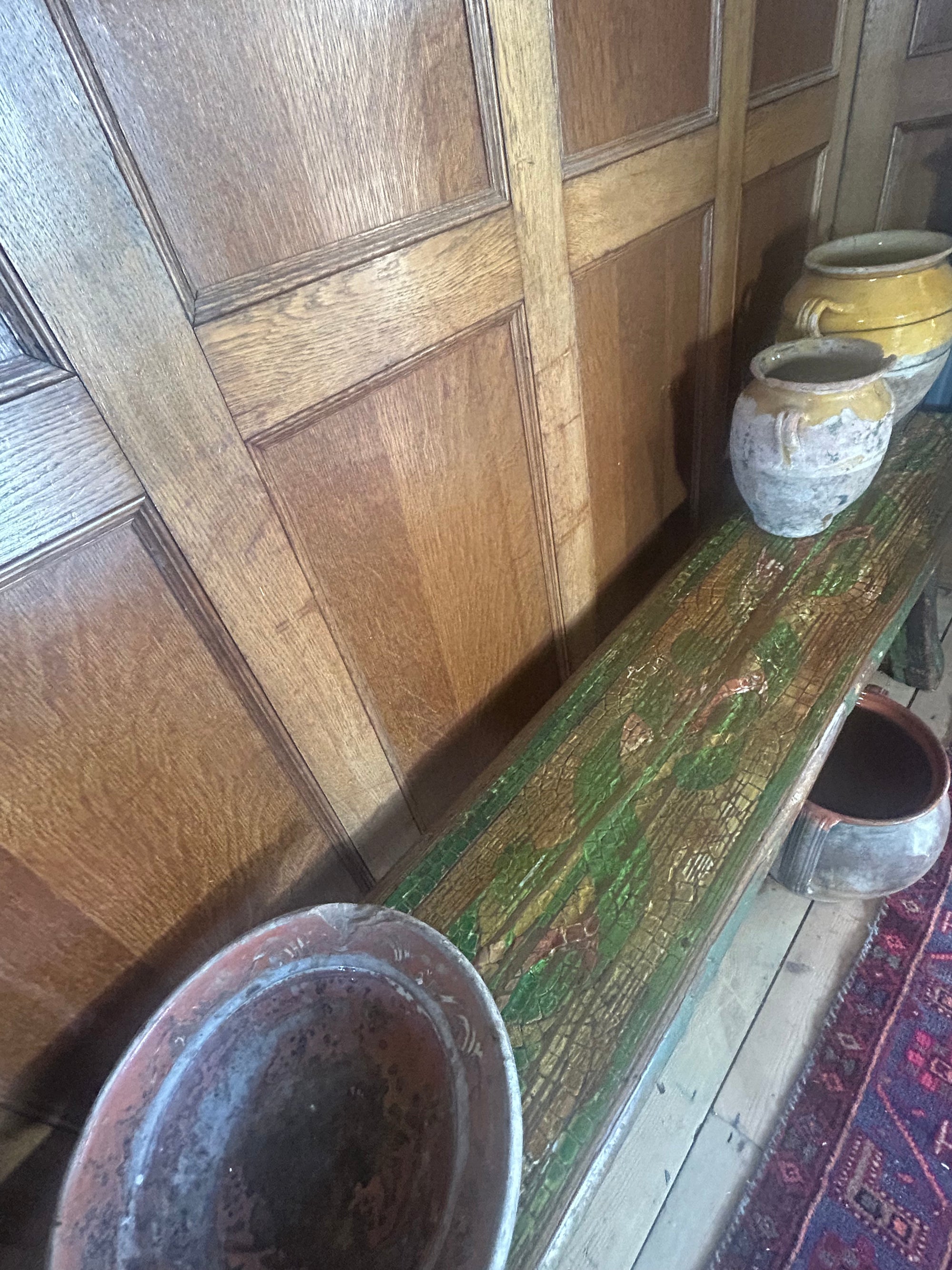 Vintage Painted Oak Bench with Inlaid Design