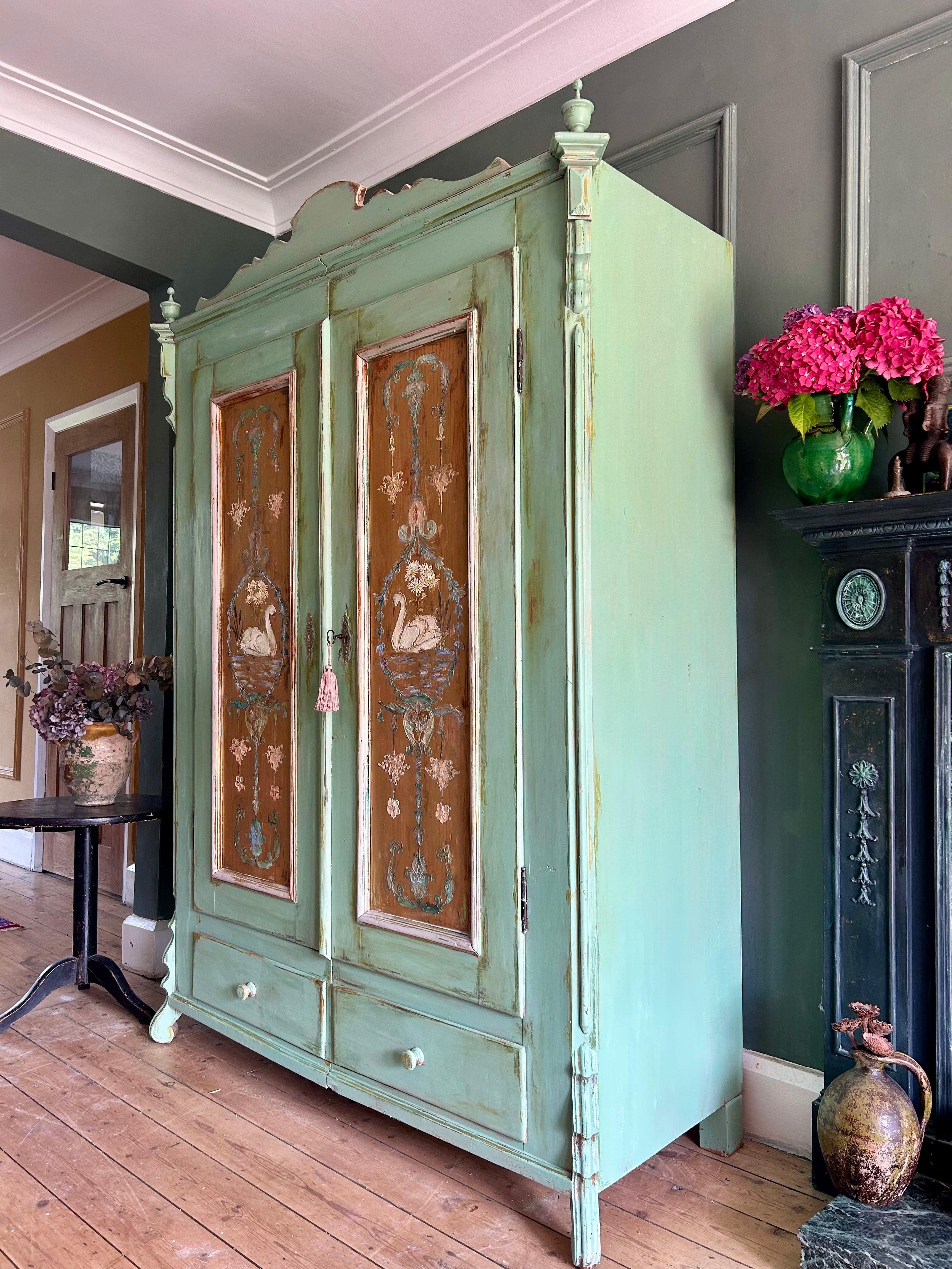 Vintage Painted Pine Wardrobe with Inlaid Swan Chinoiserie
