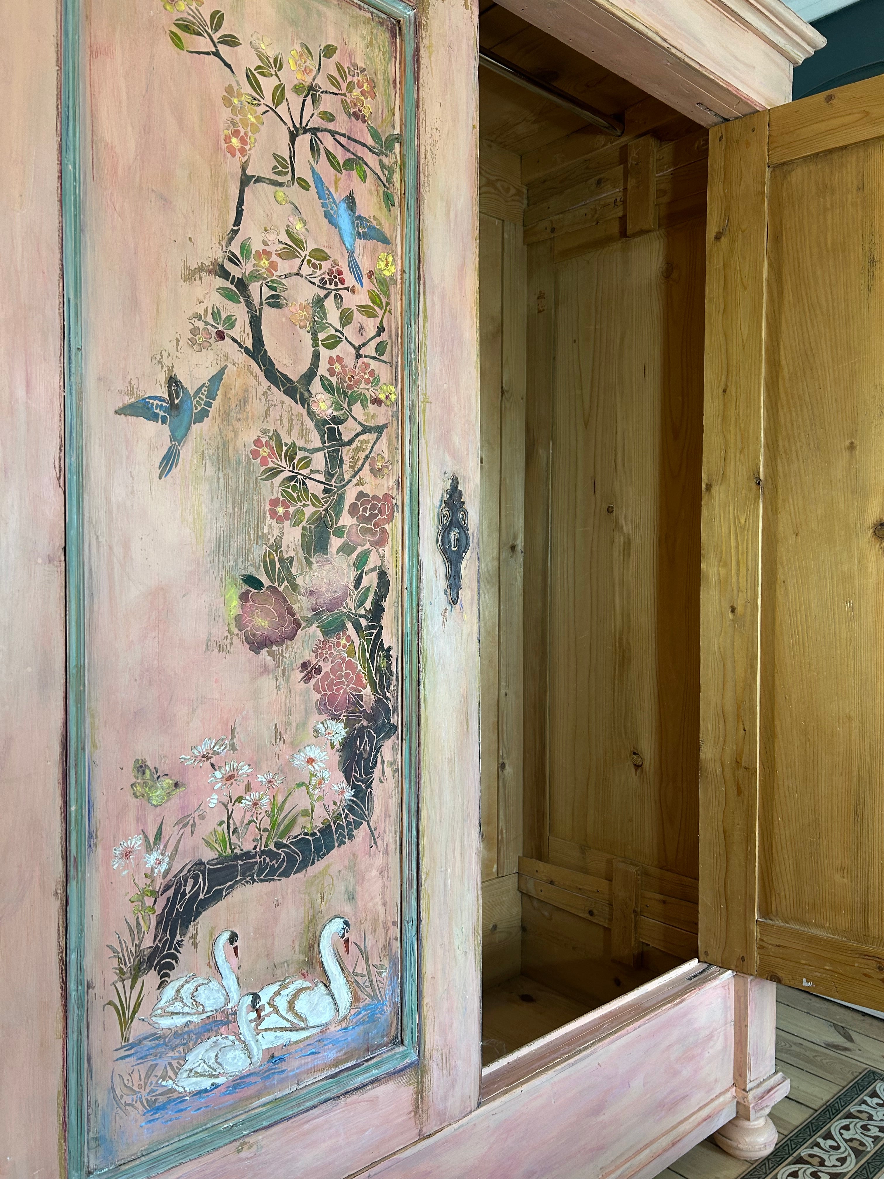 Vintage Painted French Wardrobe with Chinoiserie Panels