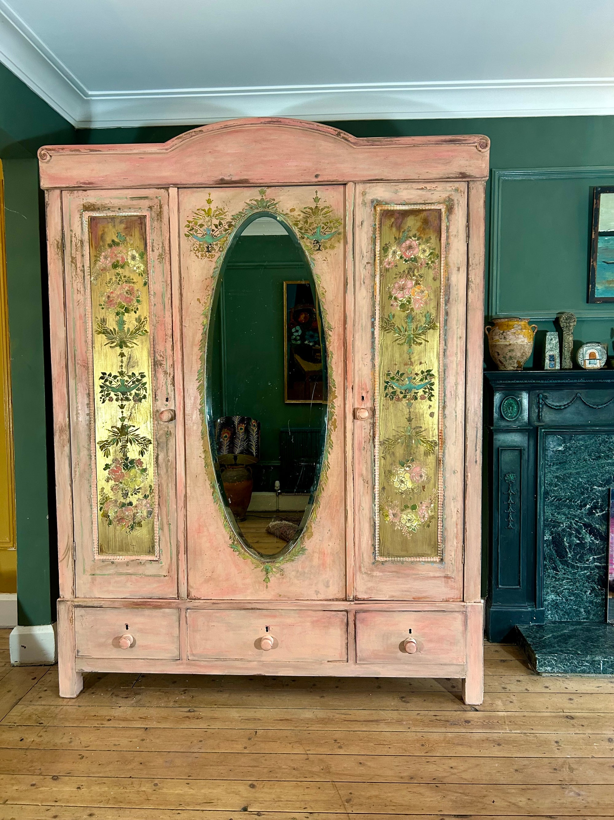 Vintage Painted Pine Triple Wardrobe with Inlaid Chinoiserie