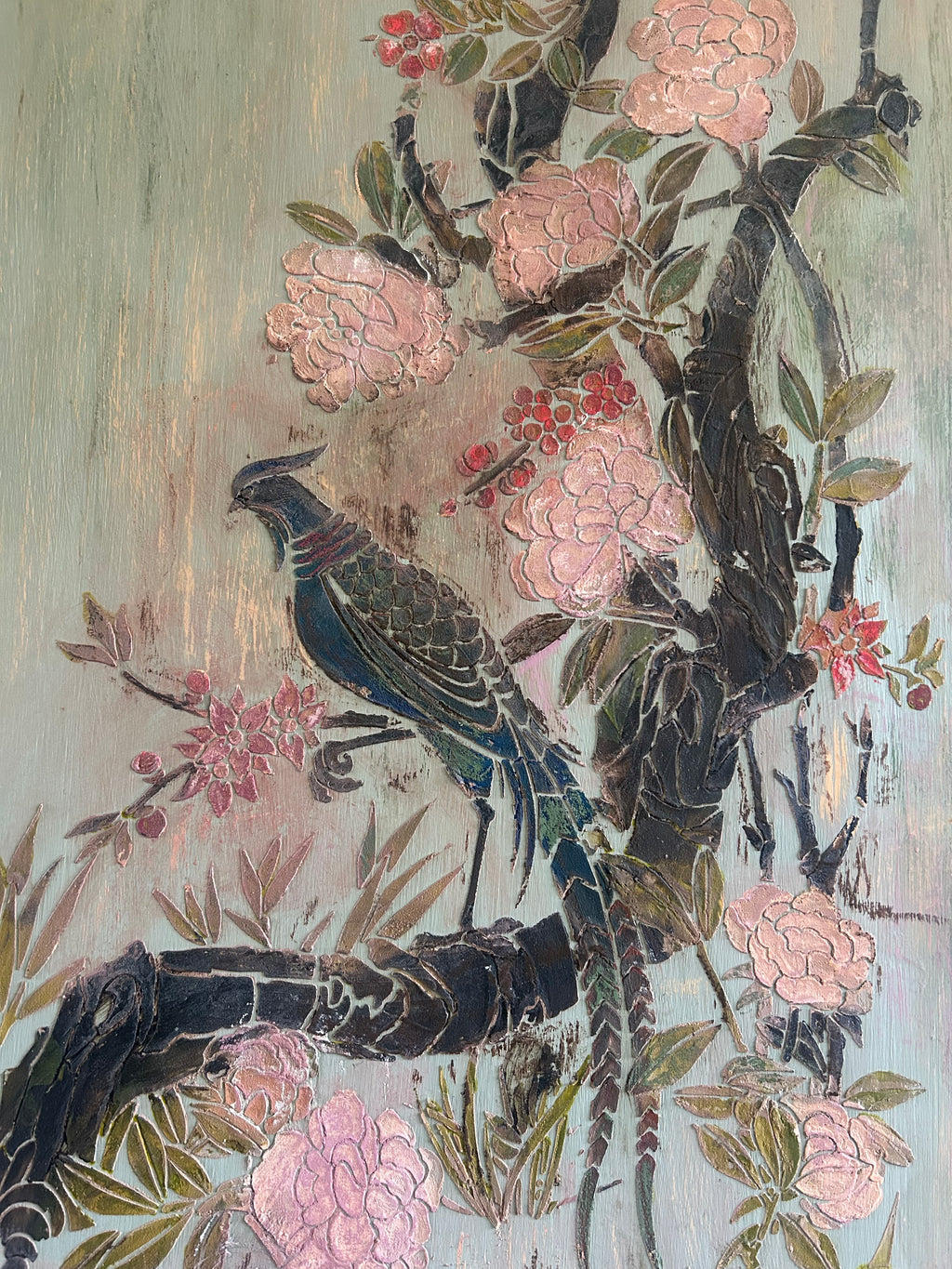 Antique Painted Pine Armoire with Chinoiserie Panel