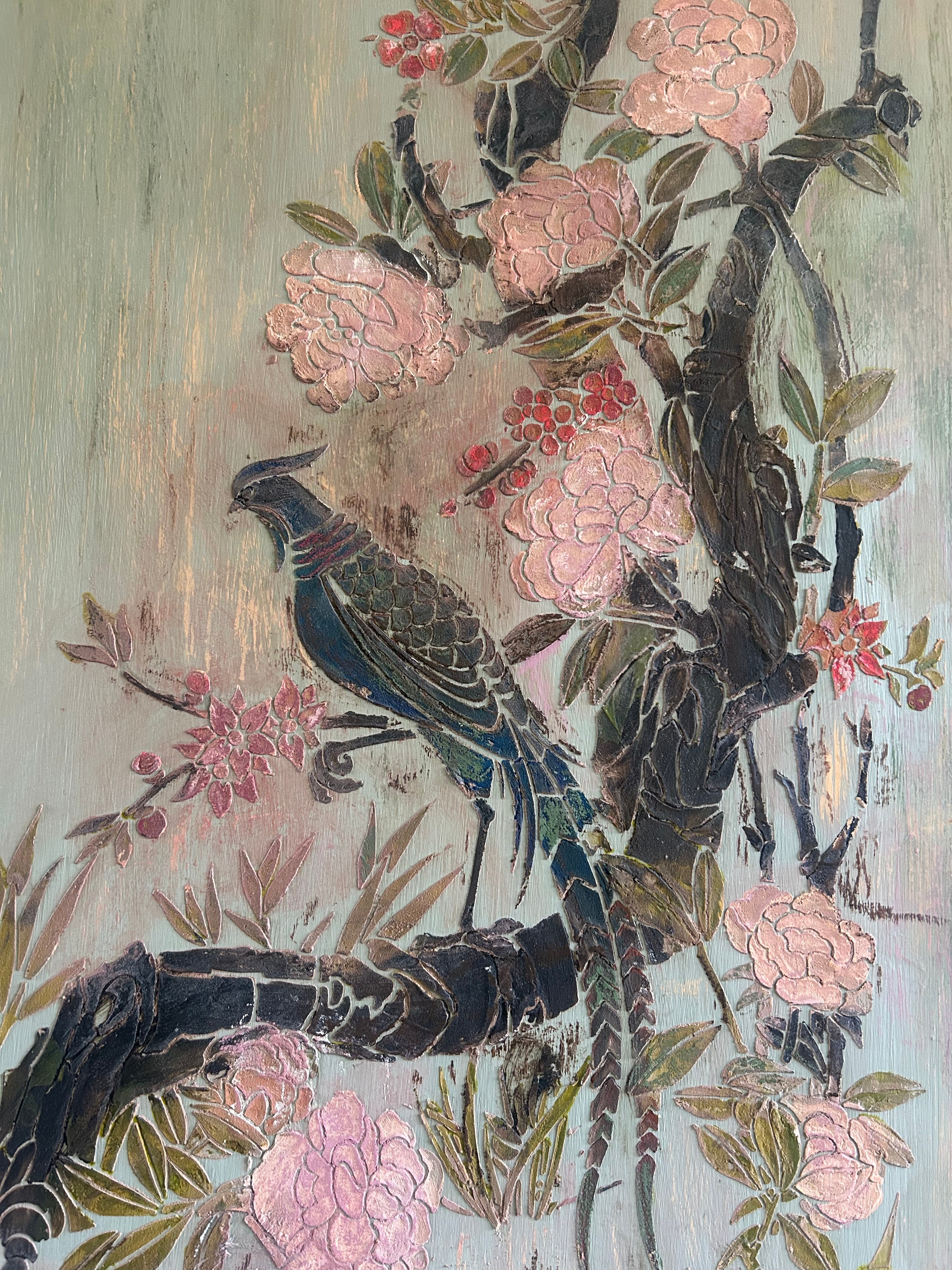 Antique Painted Pine Armoire with Chinoiserie Panel