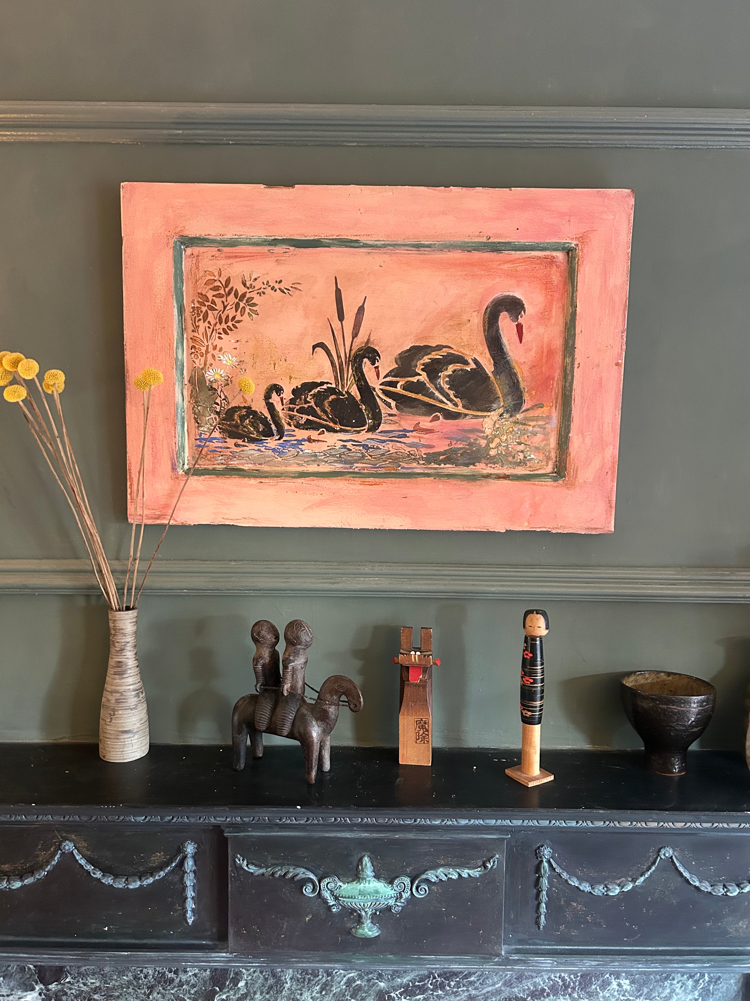 Reclaimed Door Wallhanging with Black Swan Chinoiserie