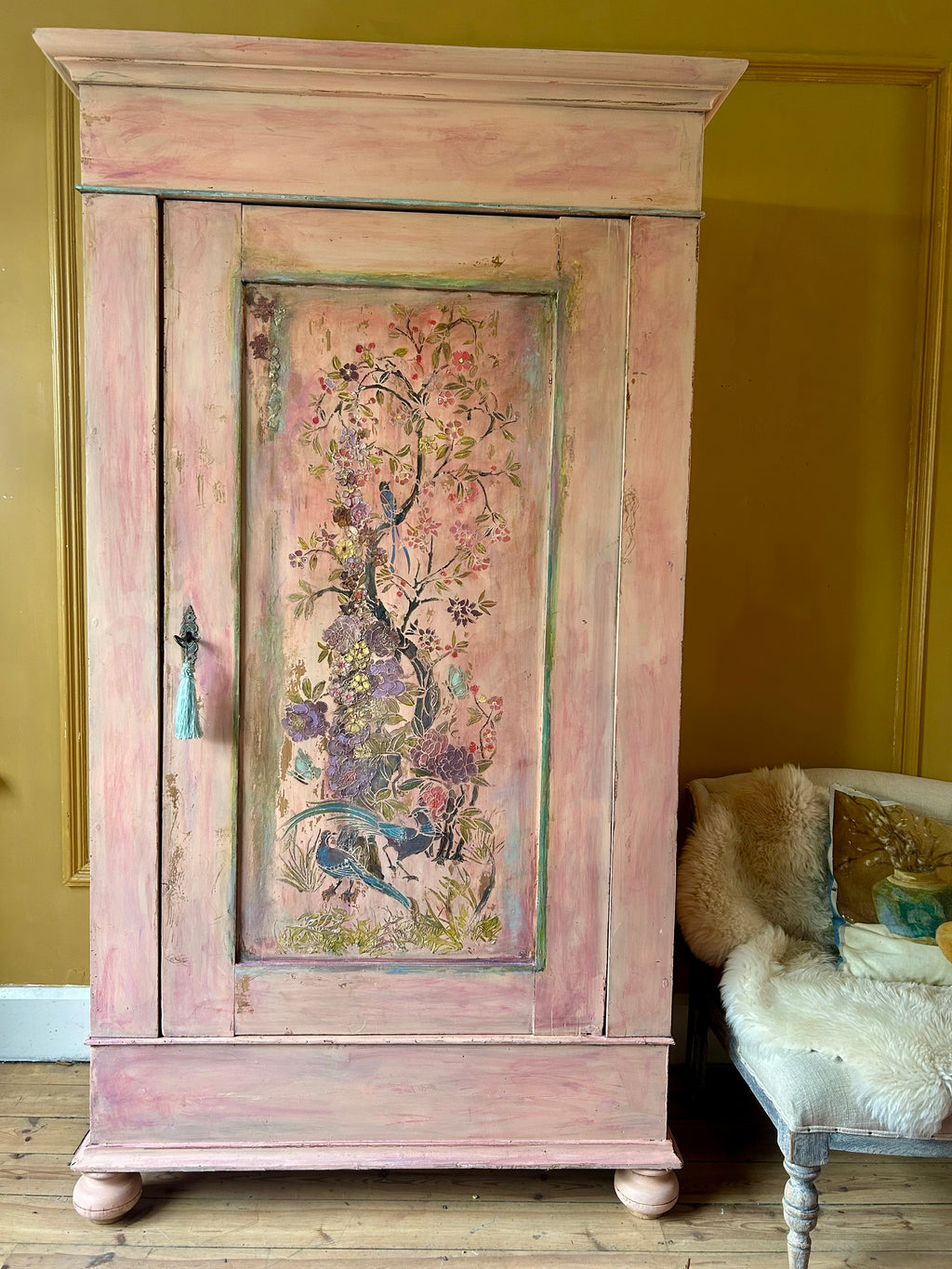 Vintage Painted Cupboard/Armoire with Chinoiserie Panel