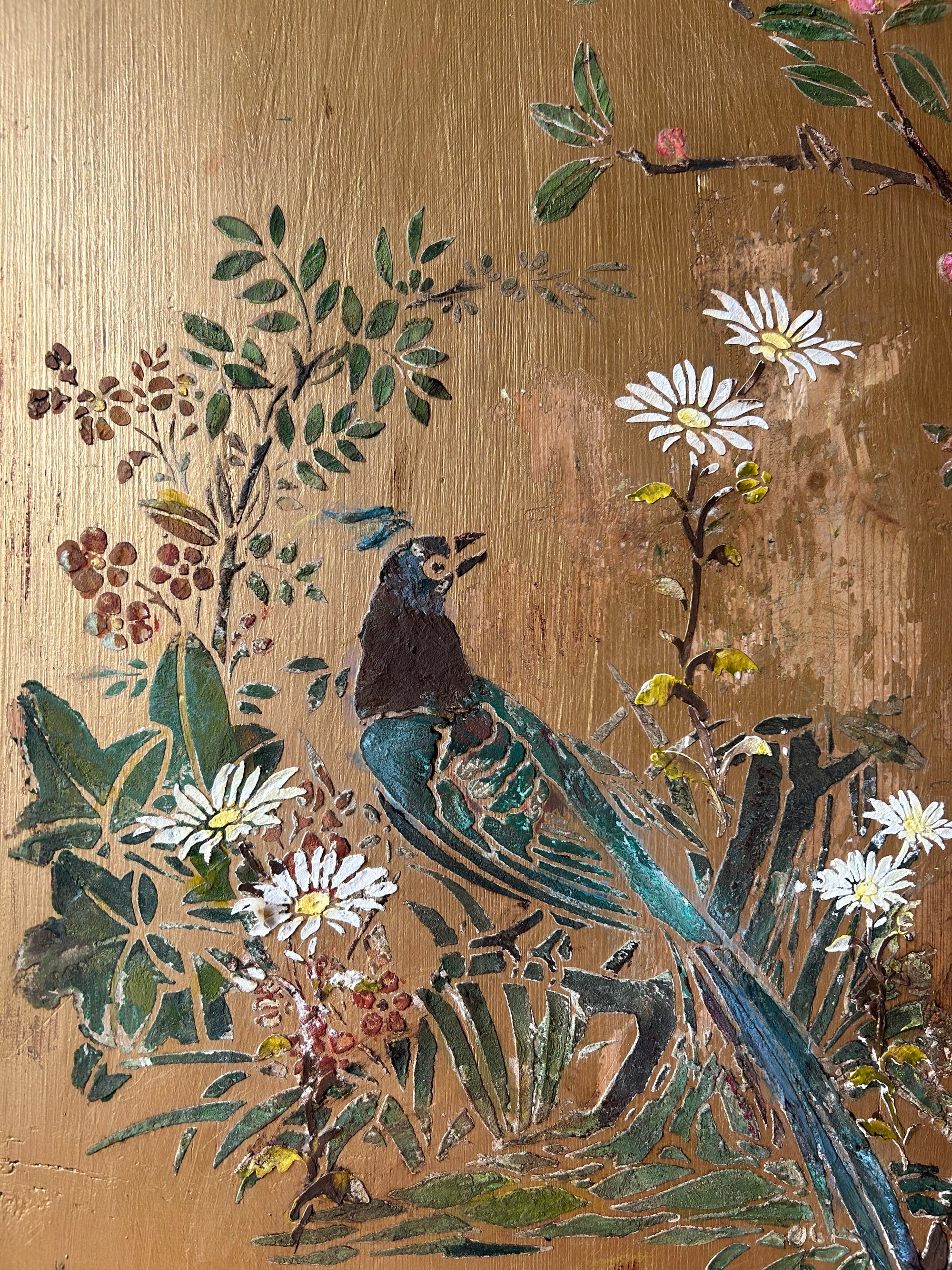 Vintage Painted Pine Armoire/Linen Press with Inlaid Chinoiserie