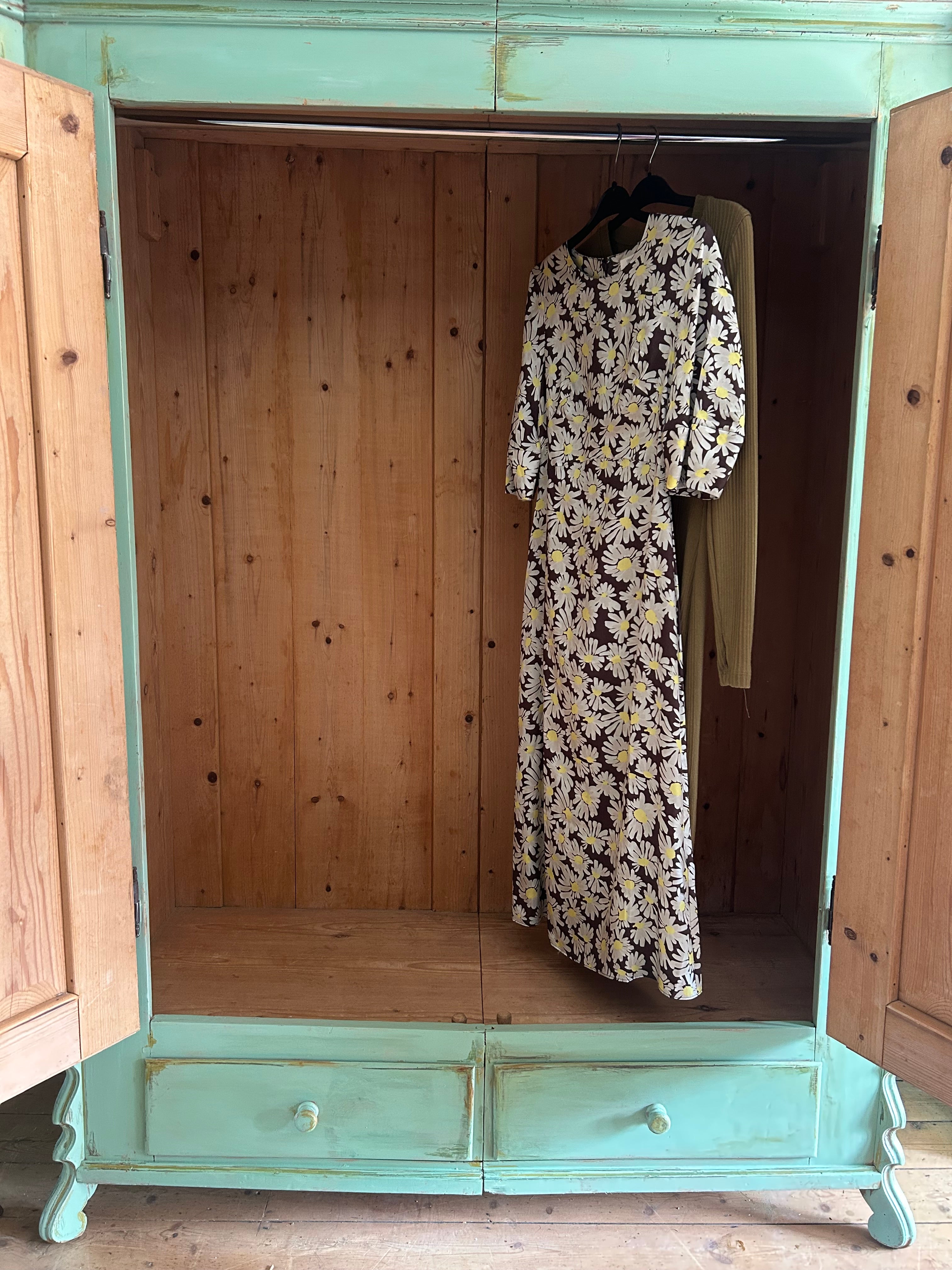 Vintage Painted Pine Wardrobe with Inlaid Swan Chinoiserie