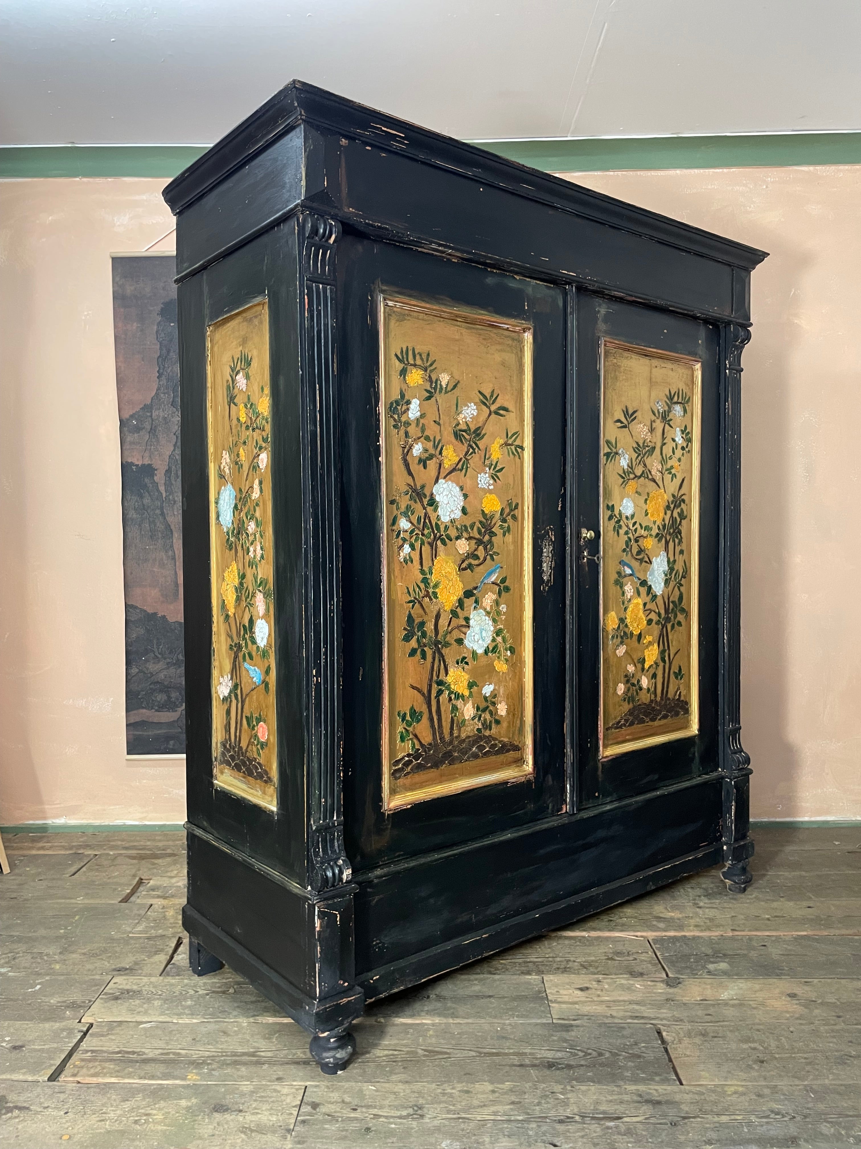 Vintage Painted Pine Wardrobe with Chinoiserie Panels