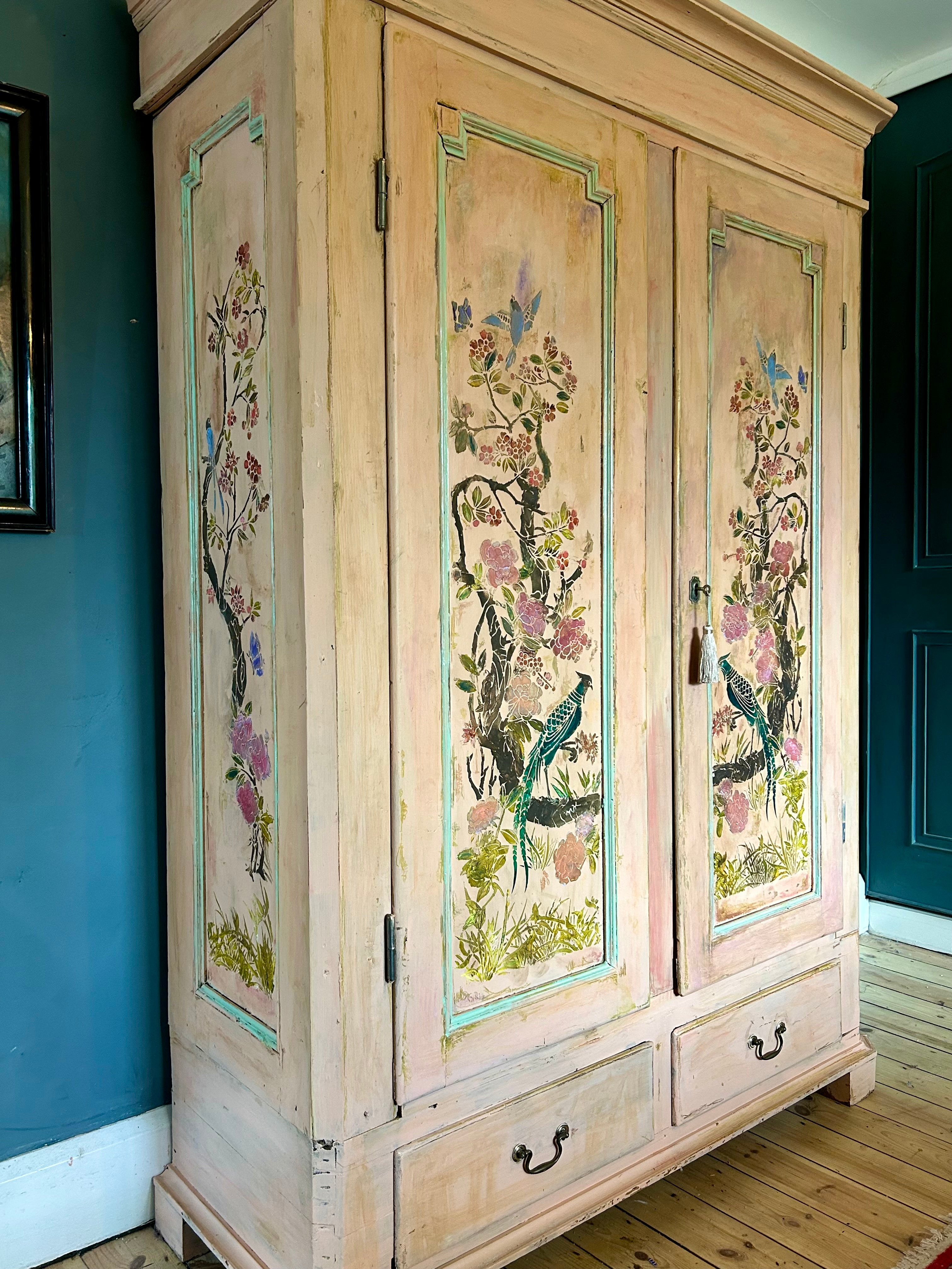 Vintage Painted Pine Wardrobe with Inlaid Chinoiserie