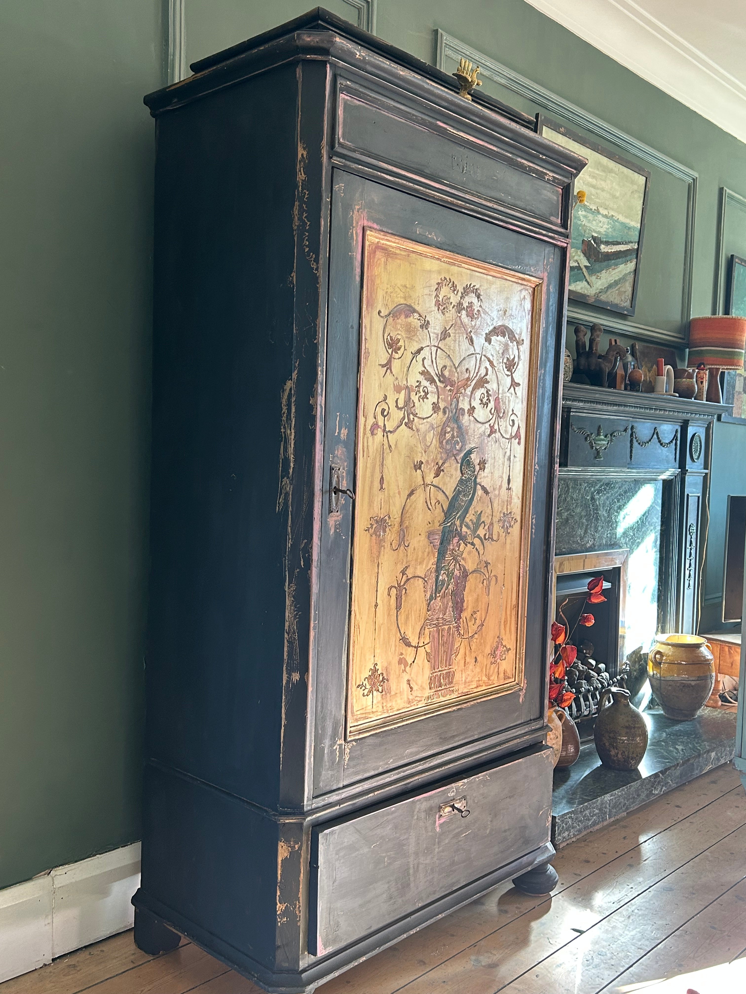 Vintage Painted Hall Cupboard/ Armoire with Chinoiserie Panel