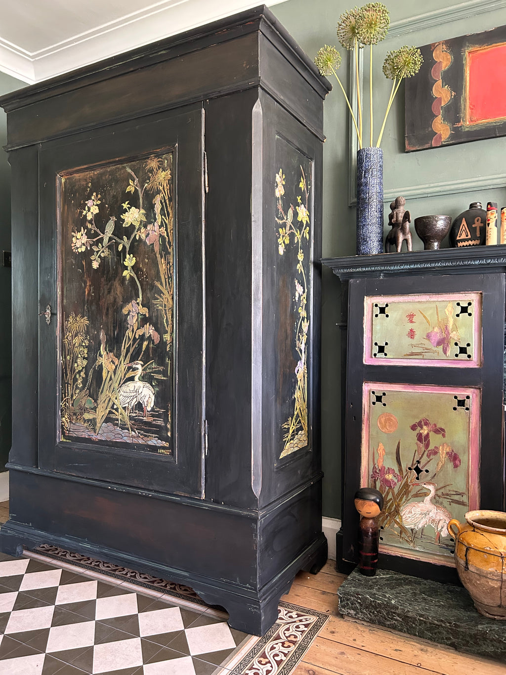 Vintage Painted Pine Armoire with Chinoiserie Panels