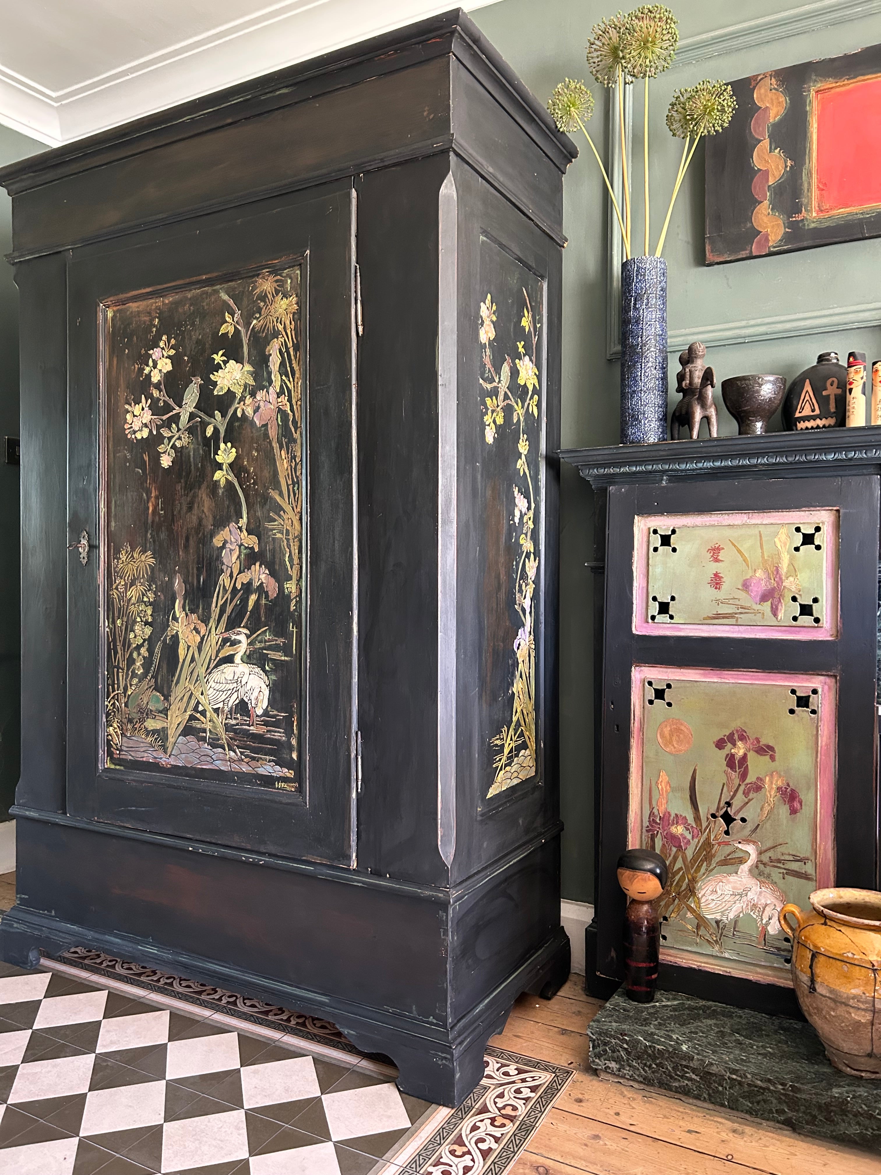 Vintage Painted Pine Armoire with Chinoiserie Panels