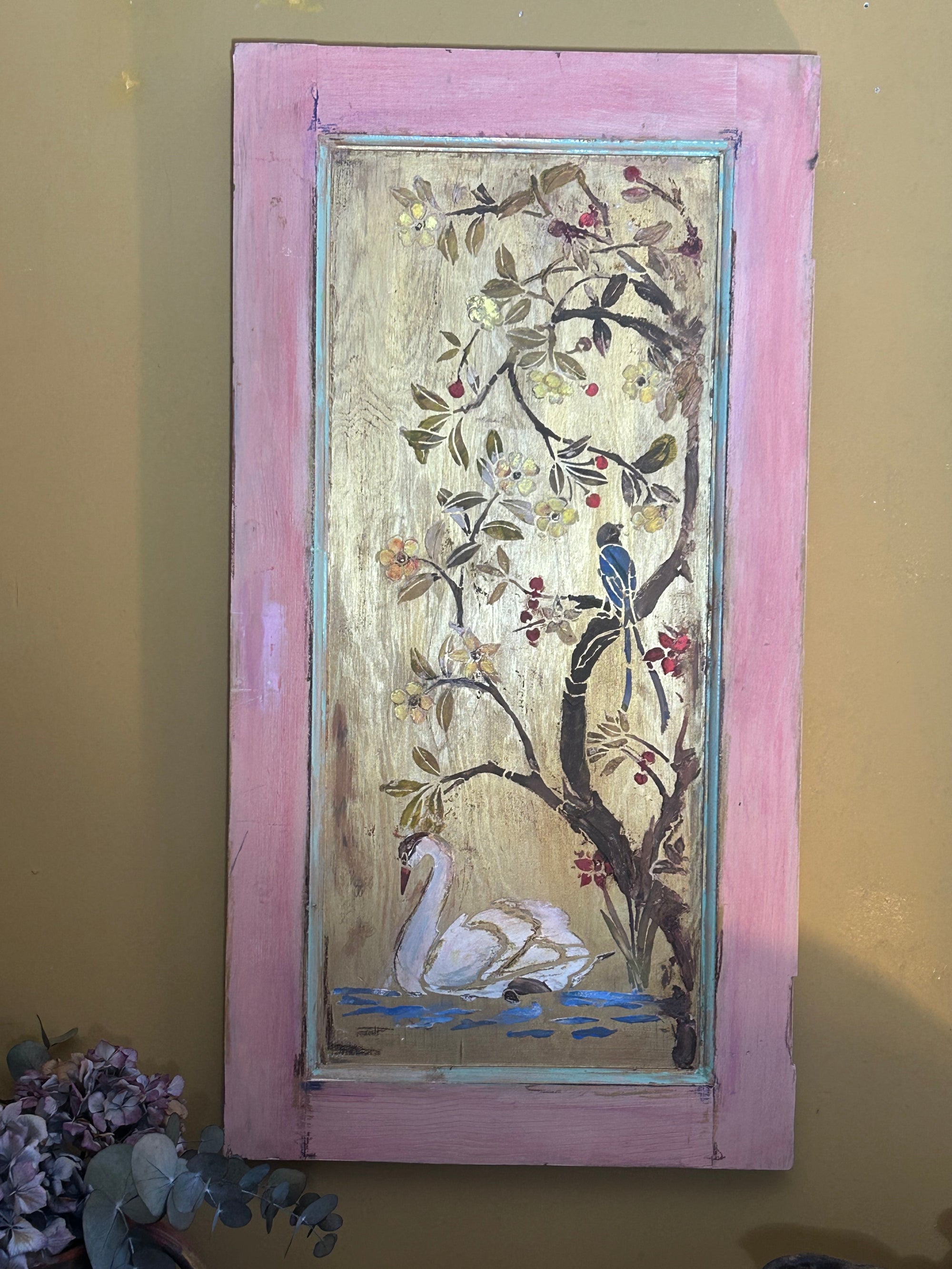 Reclaimed Door Wallhanging with Swan and Bird Chinoiserie