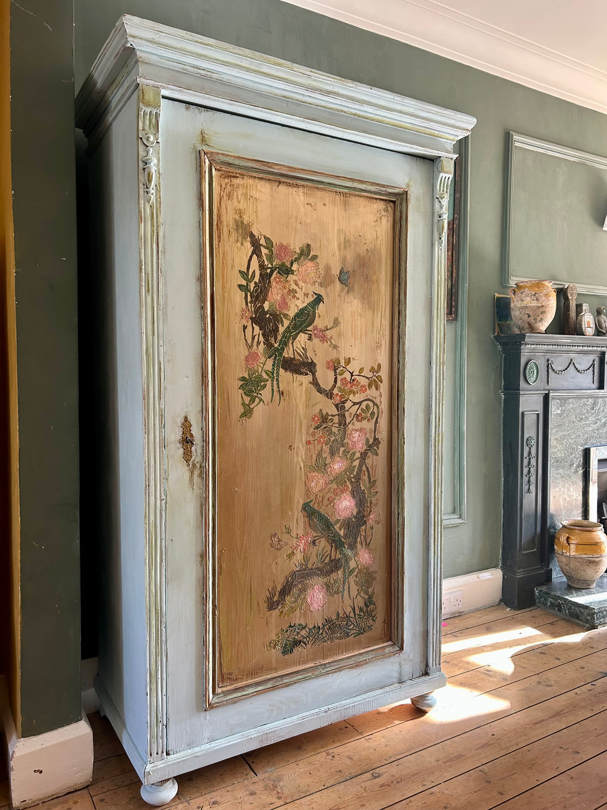 Vintage Painted Pine Armoire with Chinoiserie Panel