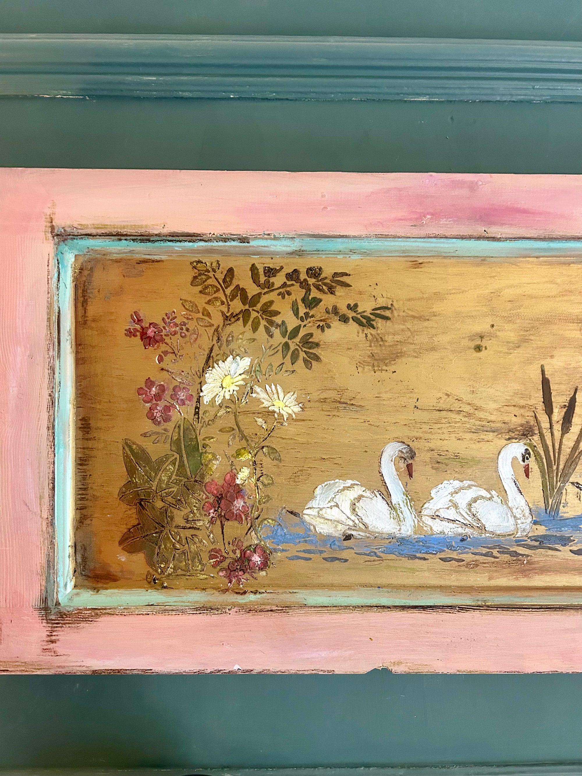Reclaimed Door Wallhanging with Swan Chinoiserie