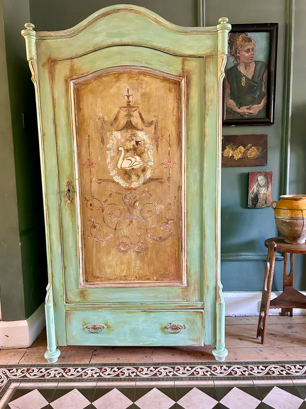 Vintage Painted Pine Armoire with Swan and Daisy Chinoiserie