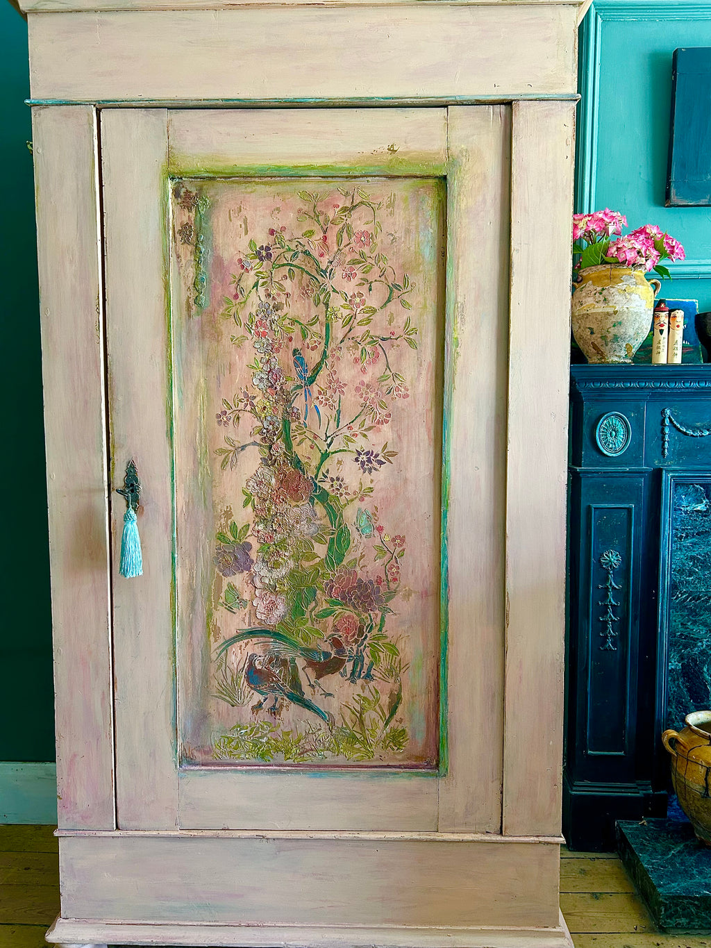 Vintage Painted Cupboard/Armoire with Chinoiserie Panel