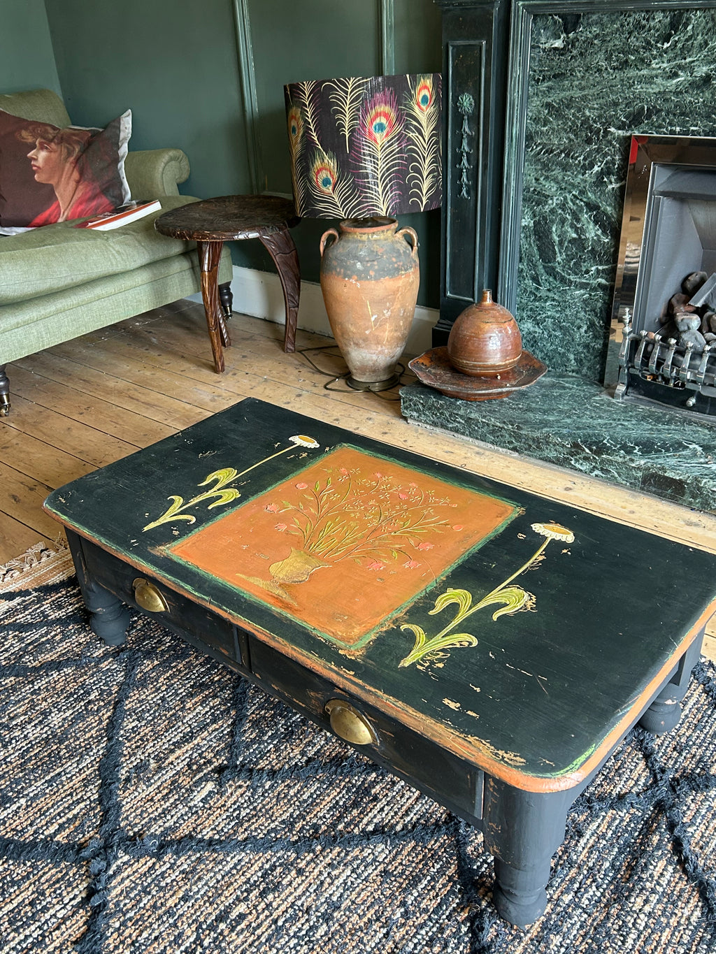 Vintage Folk Art Painted Coffee Table