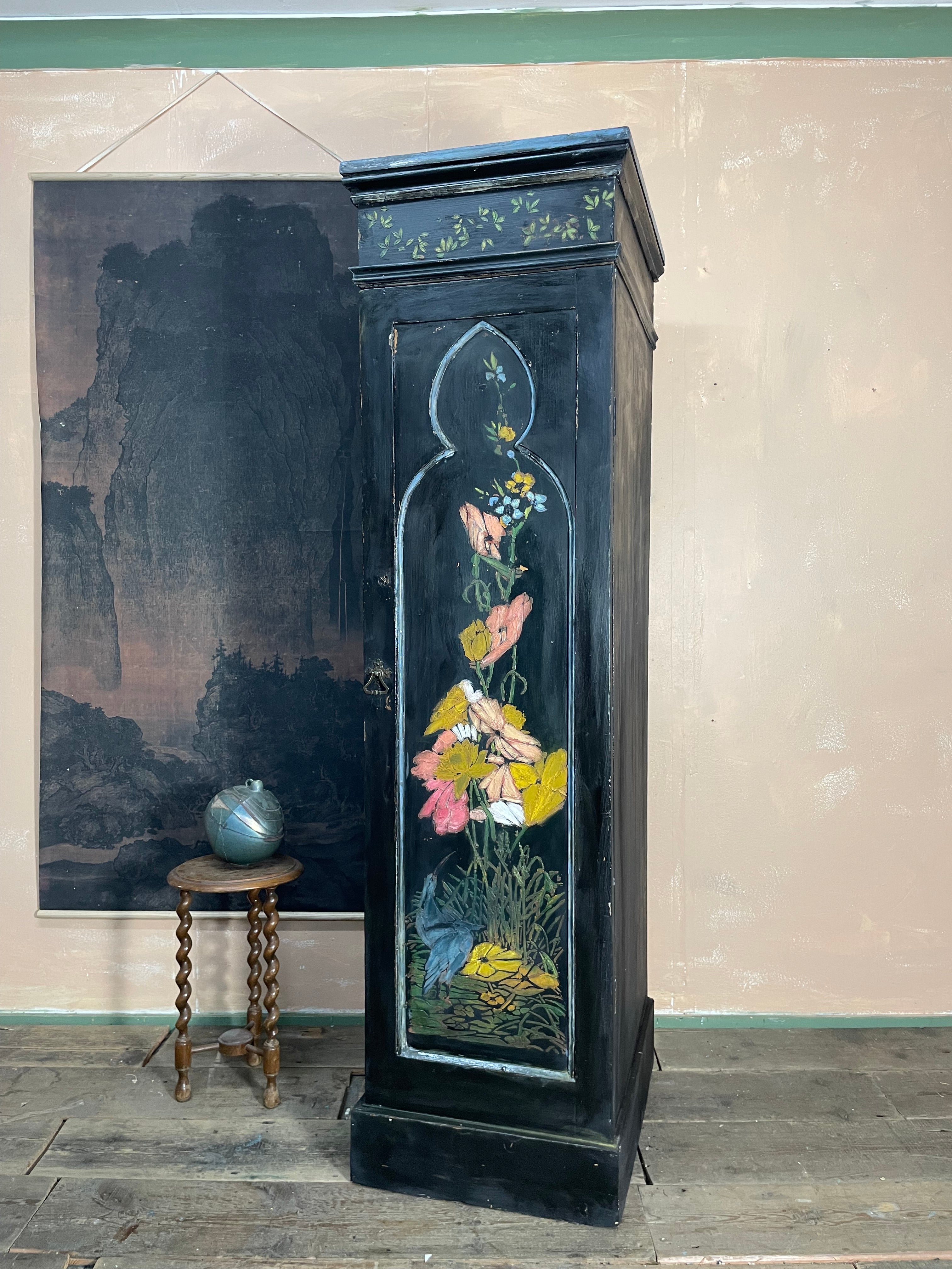Vintage Painted Pine Cupboard with Chinoiserie Design