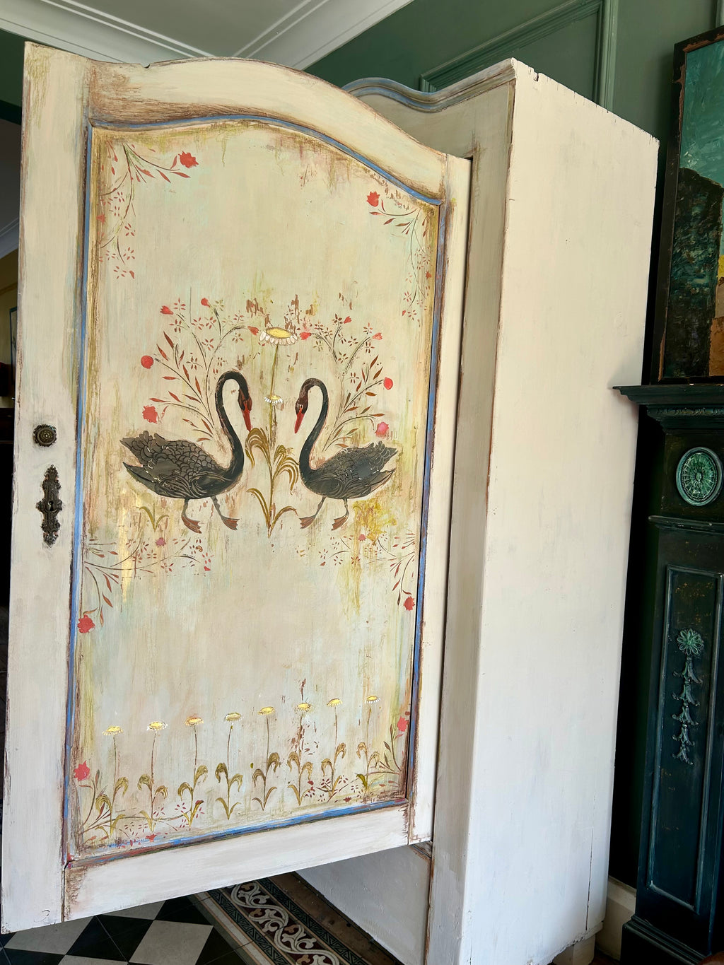 Vintage Painted Pine Folk Art Wardrobe
