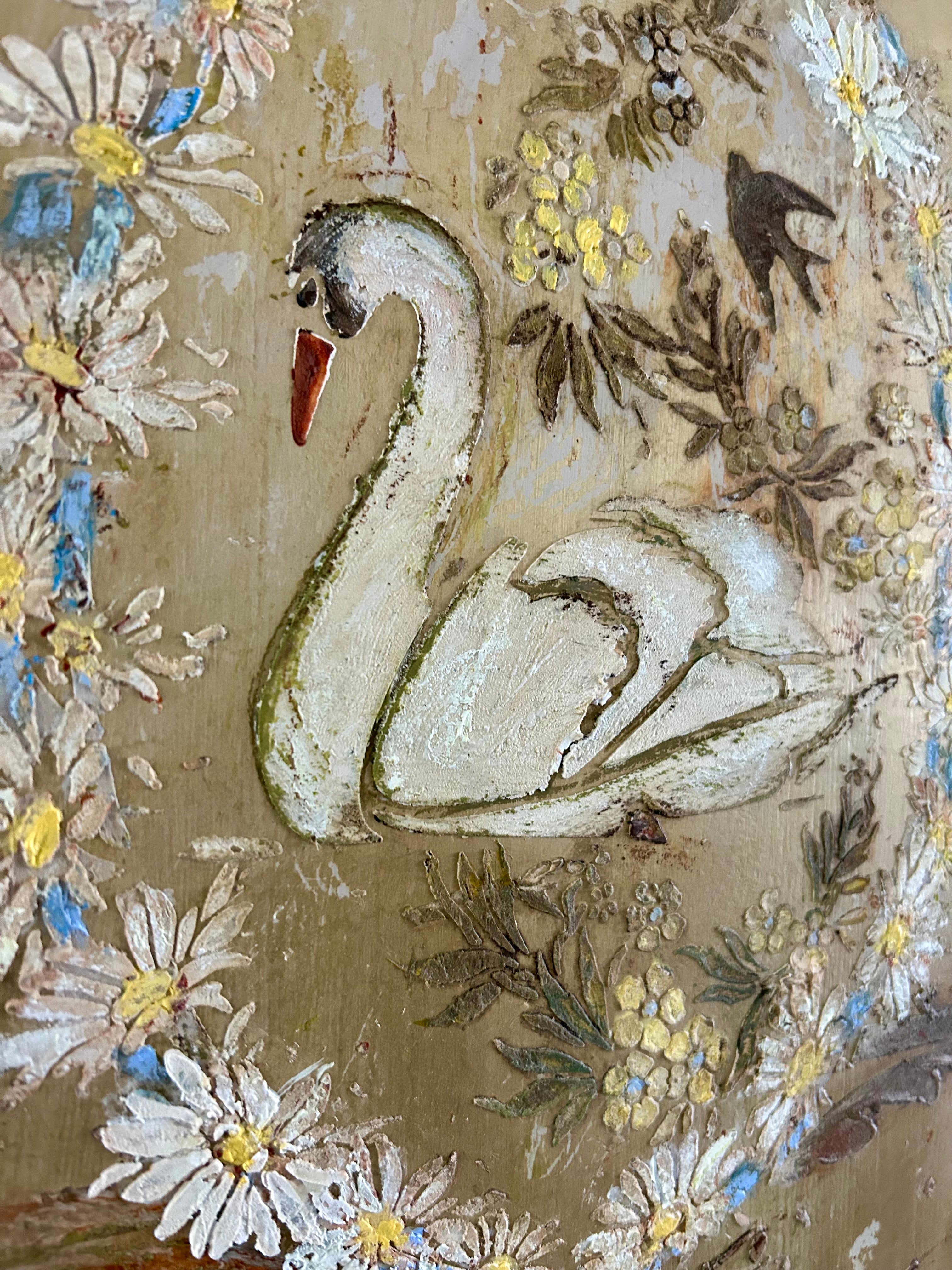 Vintage Painted Pine Armoire with Swan and Daisy Chinoiserie